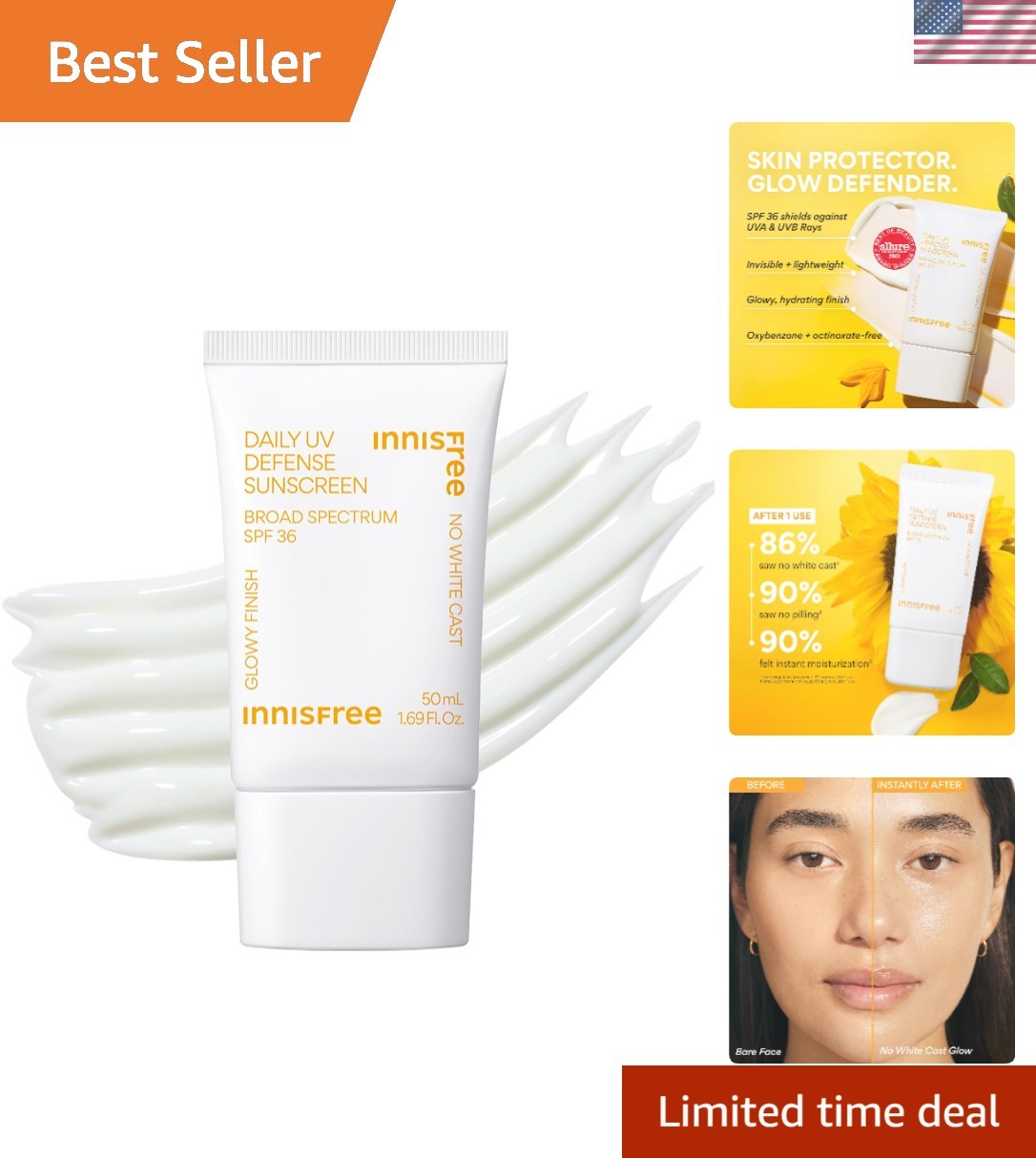 Hydrating SPF 36 Korean Sunscreen with Green Tea - Lightweight, Invisible Finish