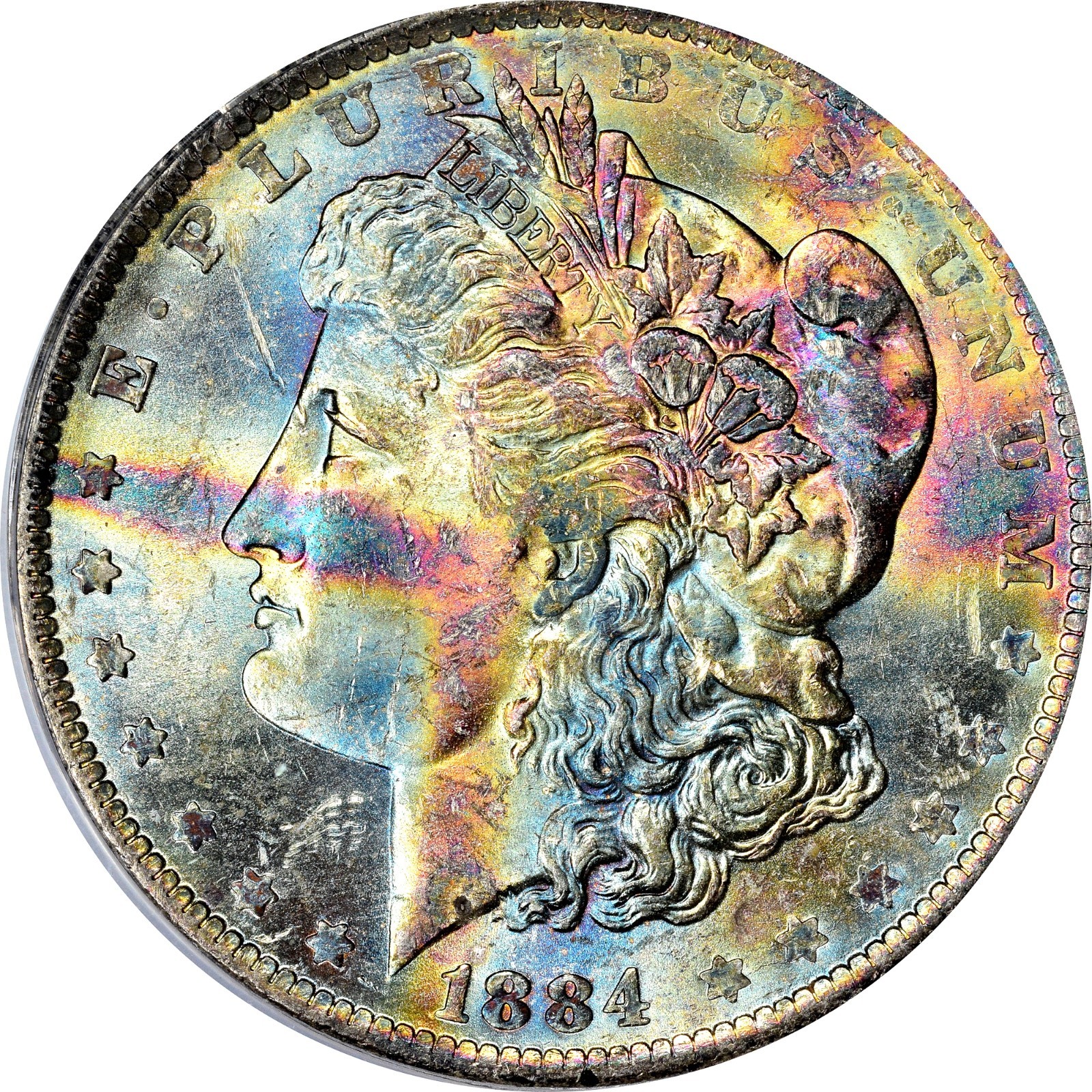 1884o  ANACS  MS63 -  SUPERB End Of Roll Rainbow Toning Morgan Silver Dollar HH