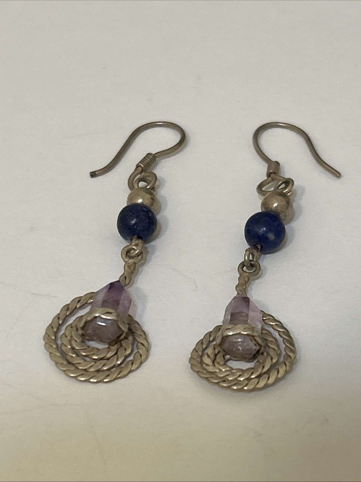 Artisan Sterling Silver Amethyst Point Lapis Lazuli Drop Dangle Earrings X12