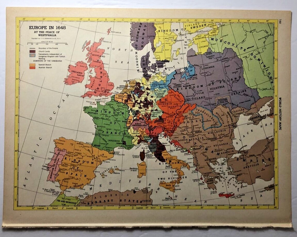 1950's Vintage EUROPE IN 1648 Antique Atlas Map - Hammond's New World Atlas