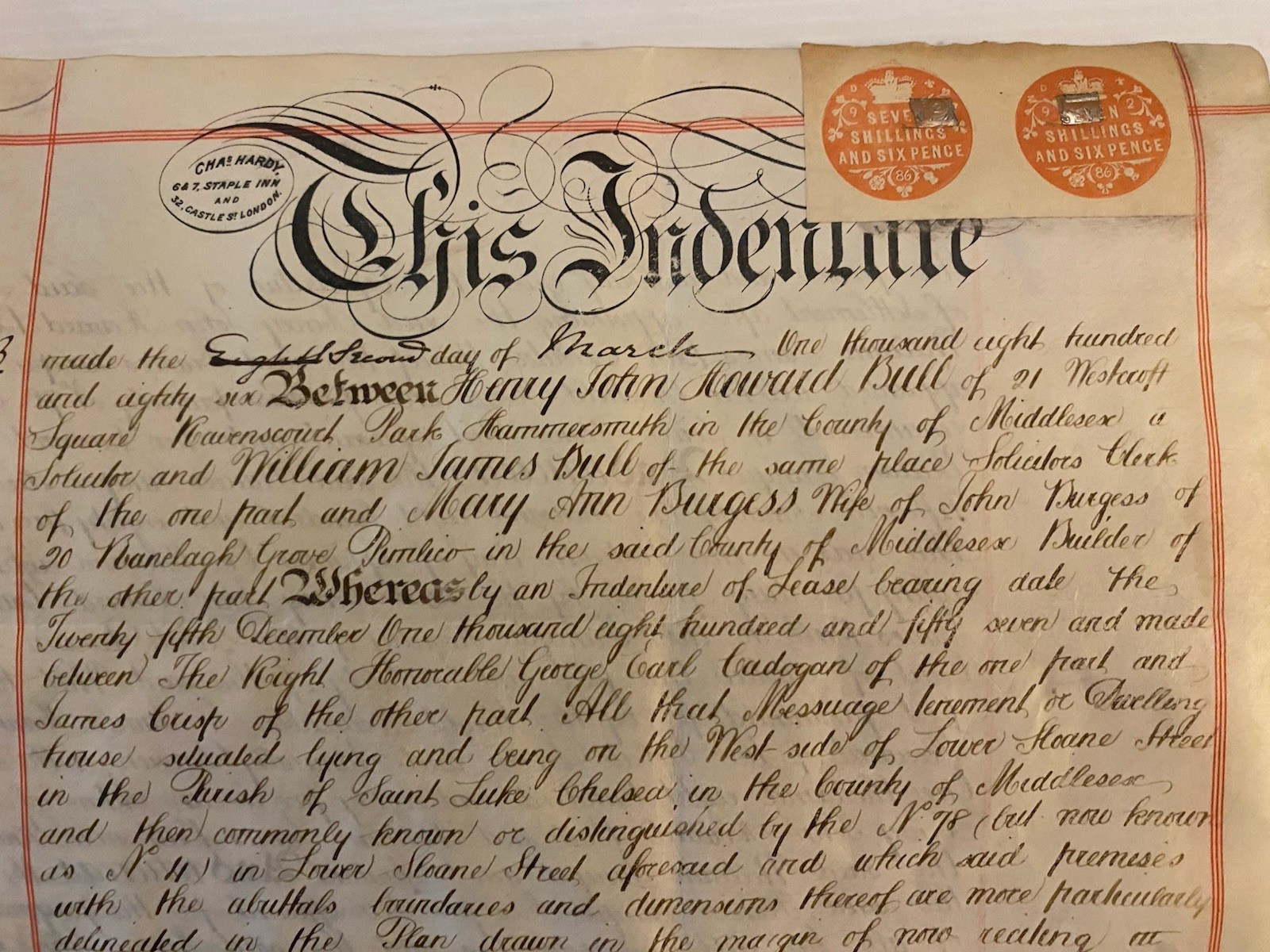 1886 Original Lease Vellum Indenture England Middlesex Mary Ann Burgess Exc!