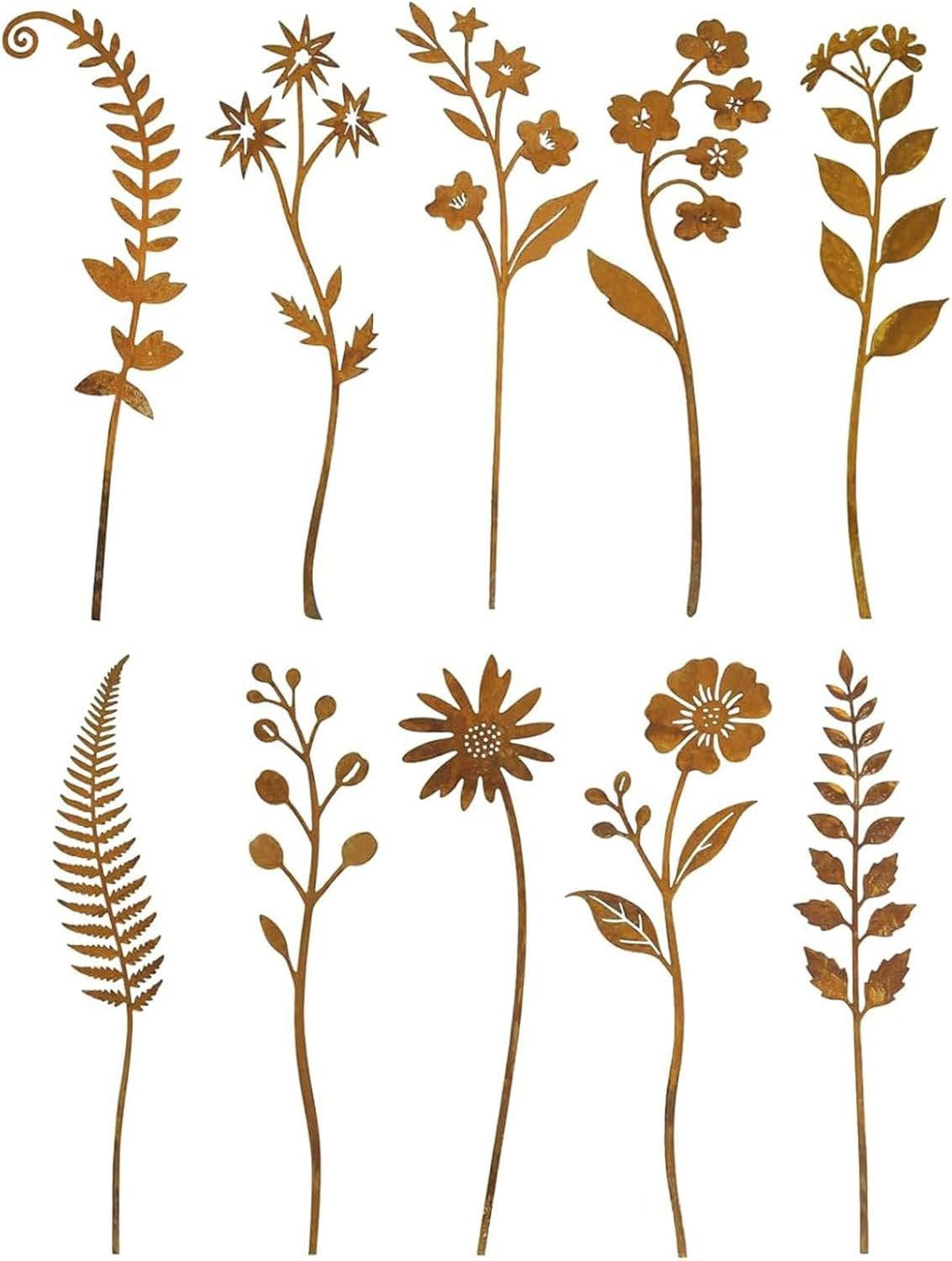 10 Pcs Rusty Metal Flower Garden Stakes,Rustic Metal Fern Leaf Plants,Iron Art P
