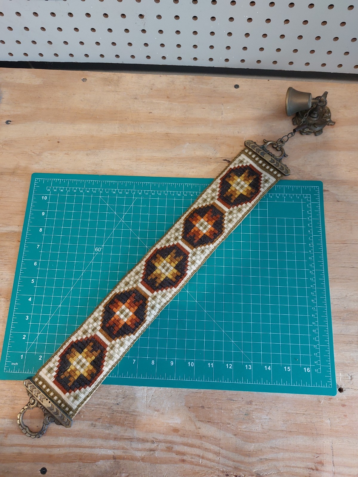 Antique Tapestry Needlepoint Service Bell Pull Wall Hanging 25x3” Brass Hardware