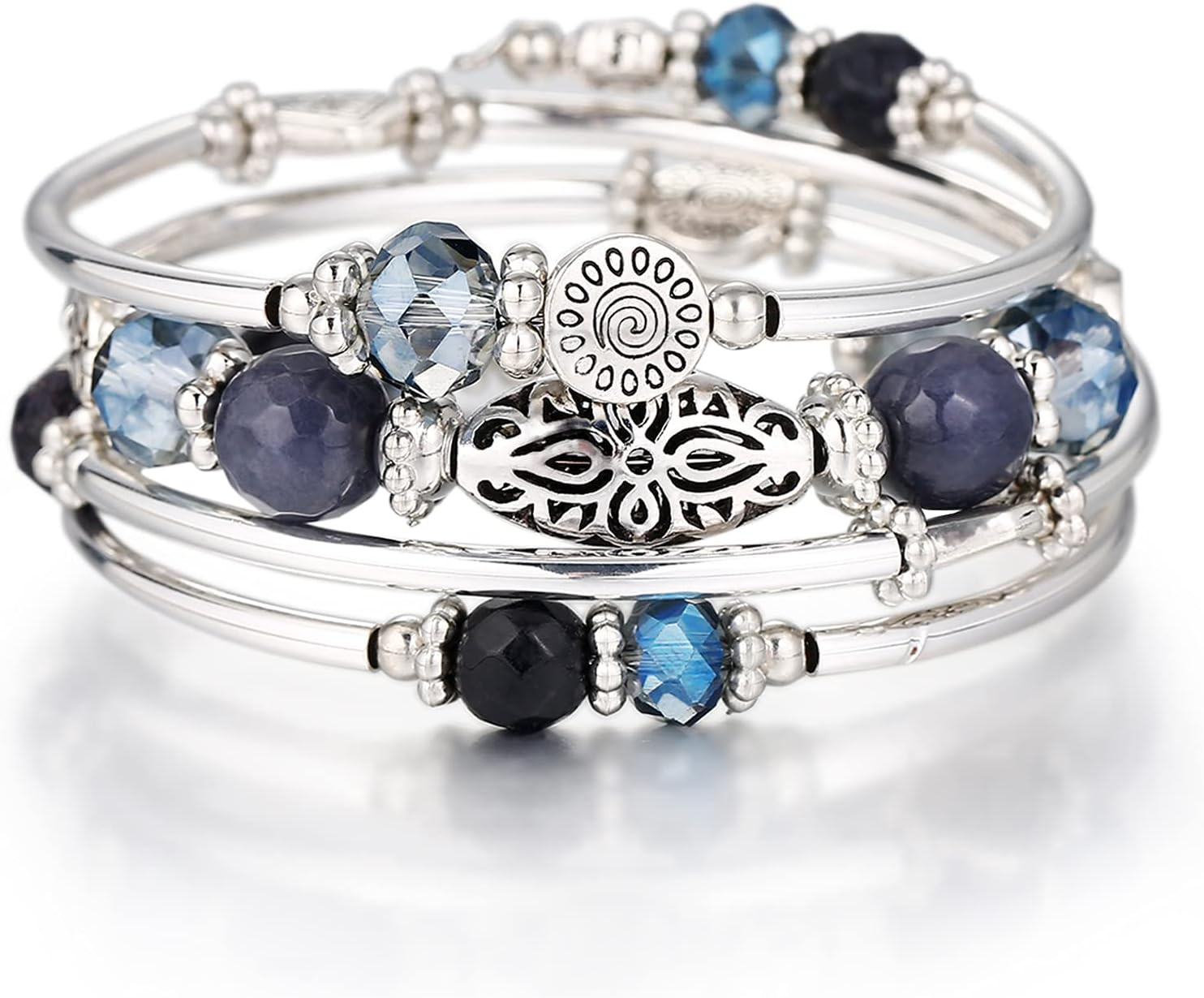 Stackable Beaded Bracelets for Women Boho Wrap Silver Bracelet Layered Fashion J