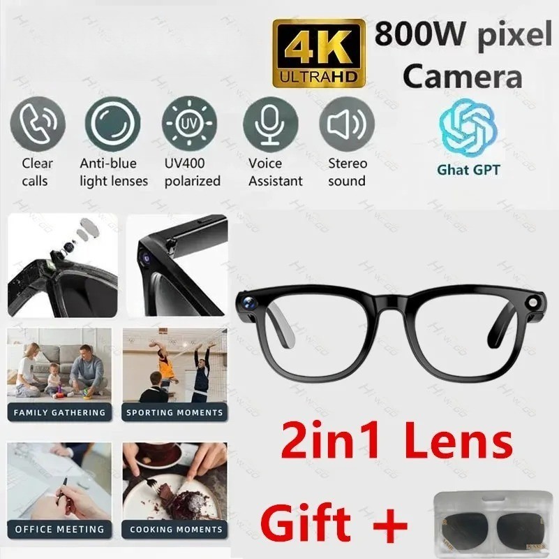 4K Smart AI Glasses 800W HD Camera Photo Video Recording Bluetooth Call Sunglass