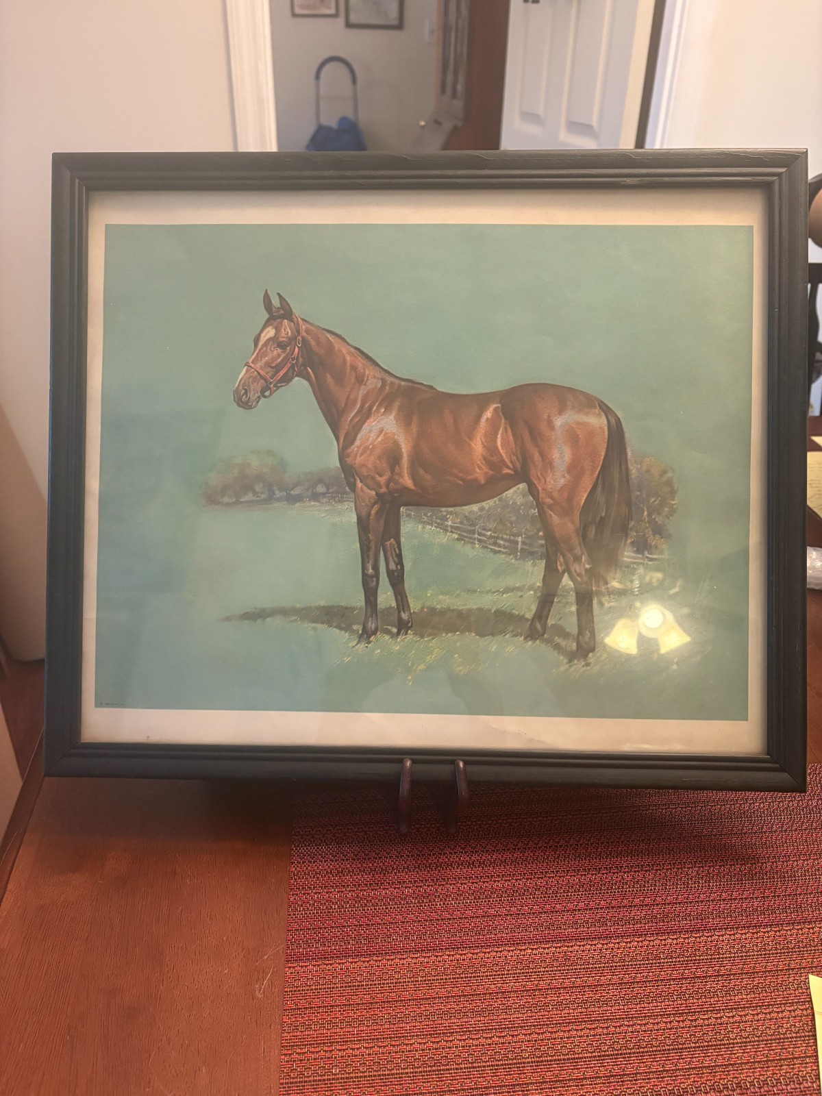 Vintage 1960s Framed Donald Art Co Litho Print  Horse in Pasture  Bay Color