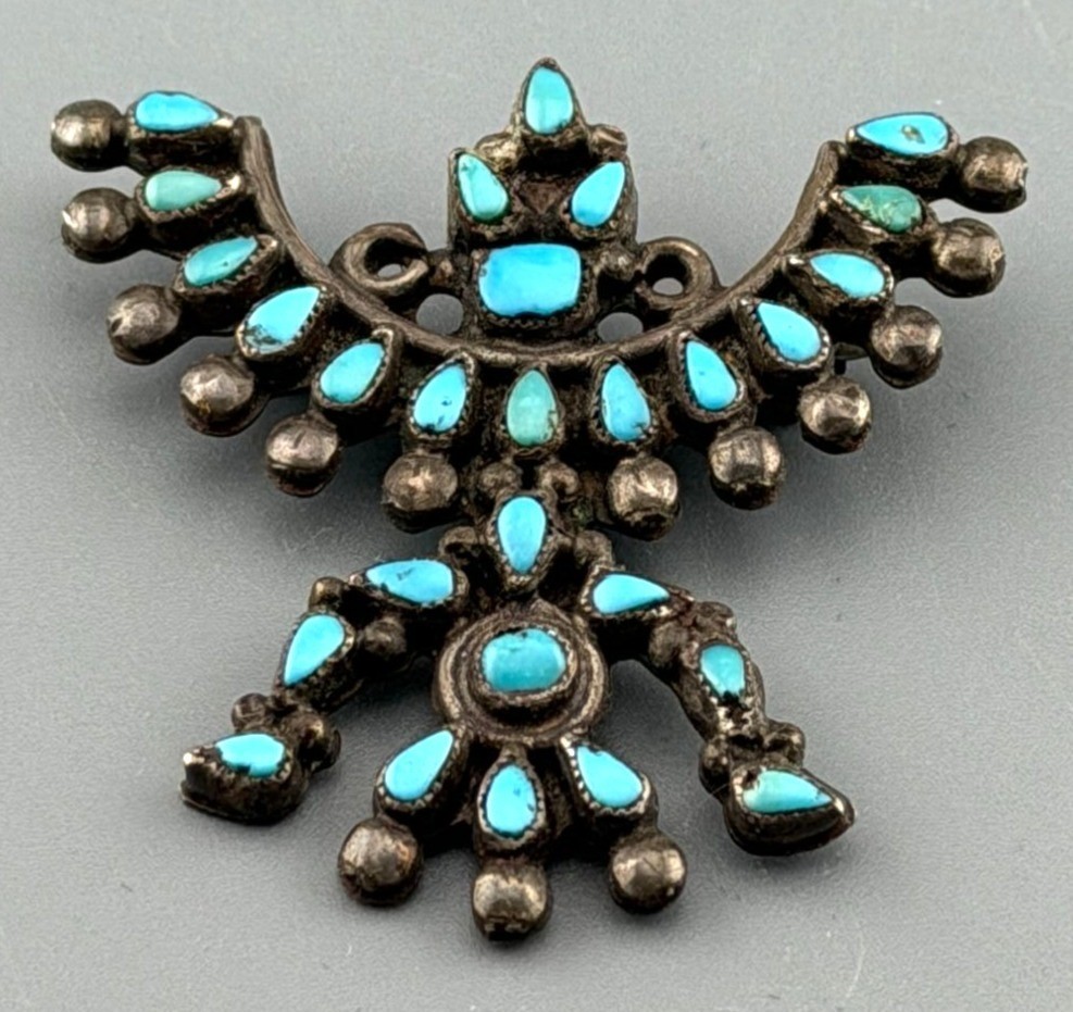Vintage Southwestern Brooch Petit Point Turquoise Thunderbird Sterling Silver