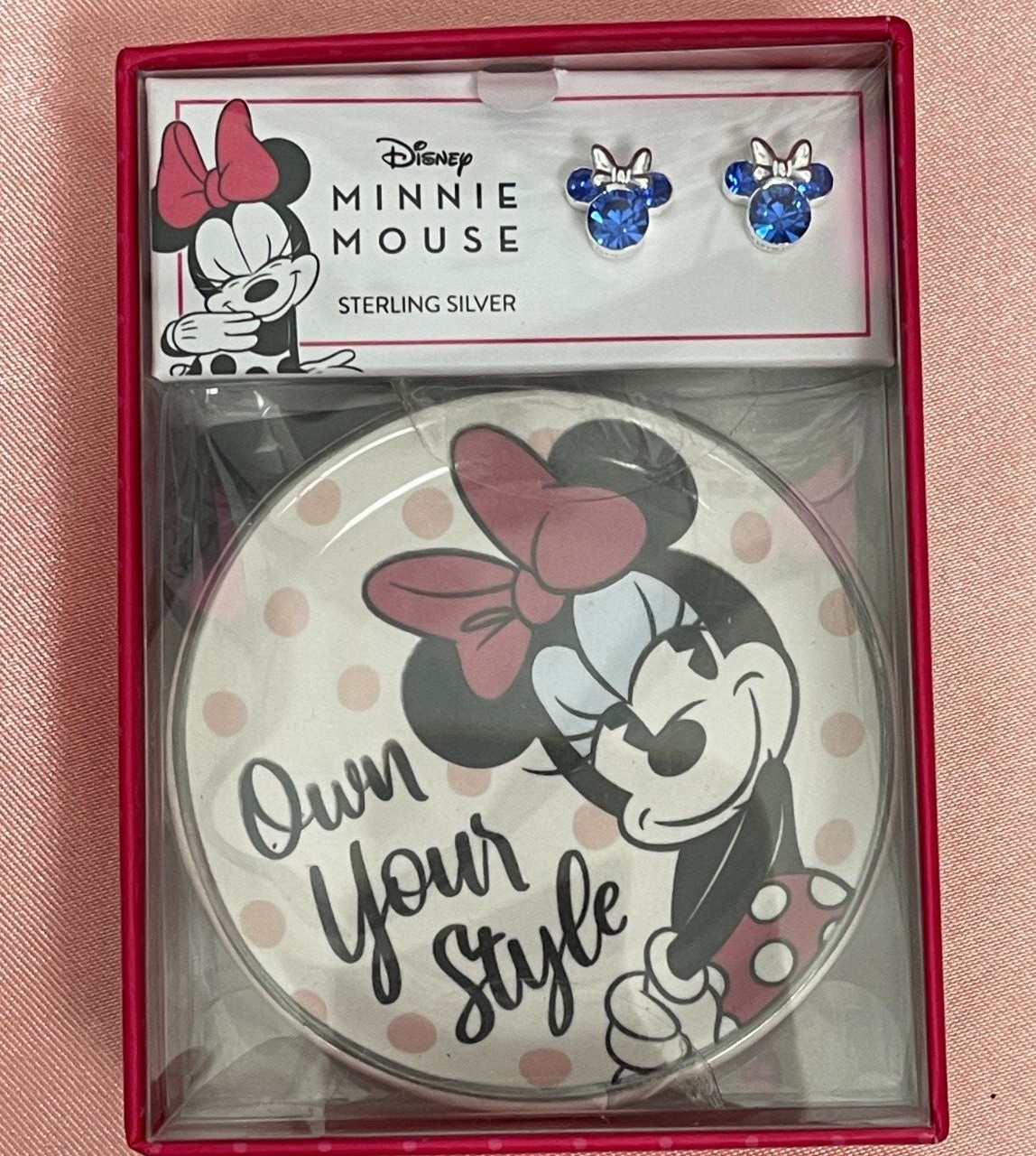 Disney Kids Sterling Silver Blue Crystal Minnie Mouse Stud Earrings & Mini Dish