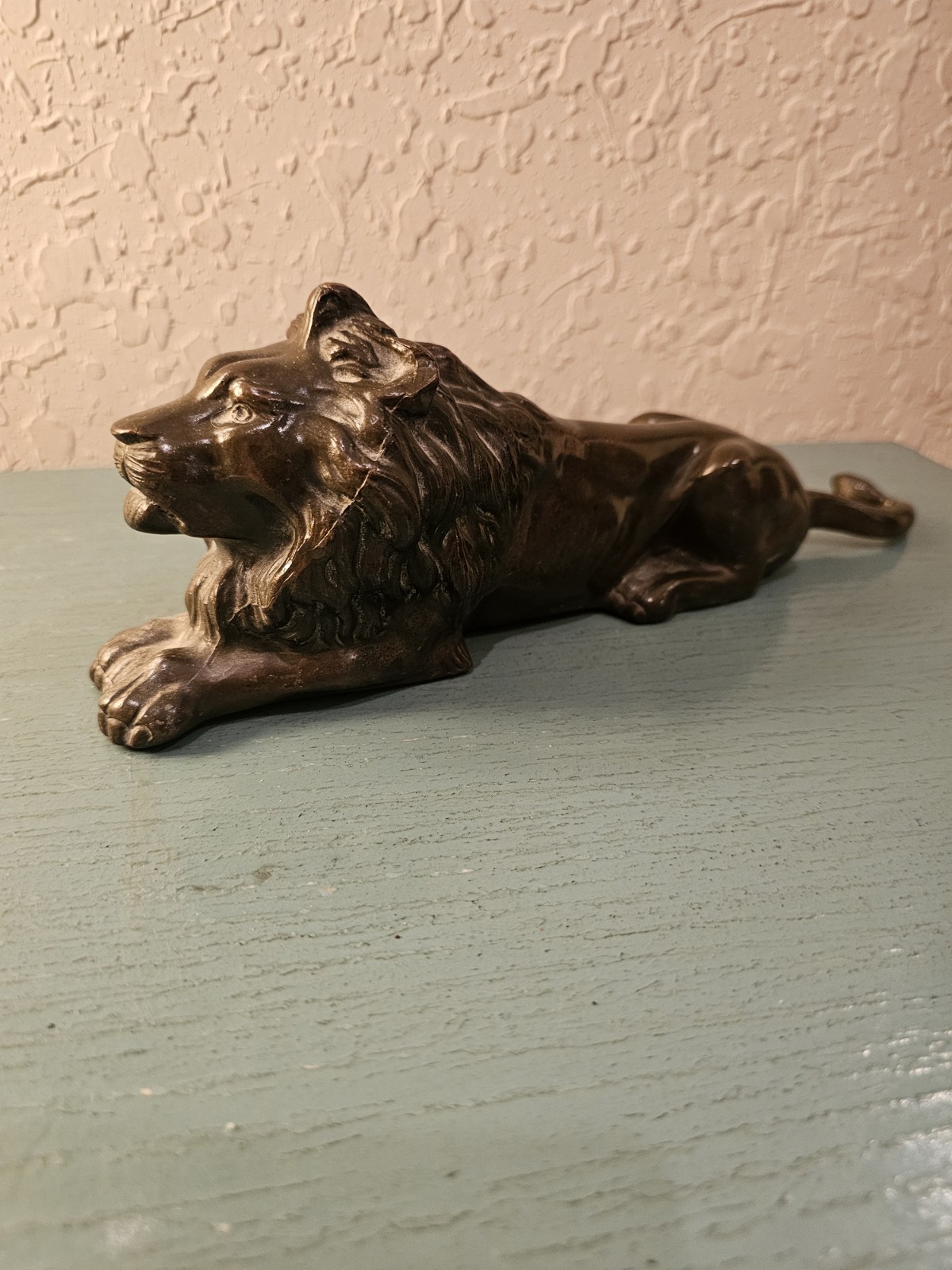 Antique Cast Bronze Recumbent Lion Sculpture-Excellent