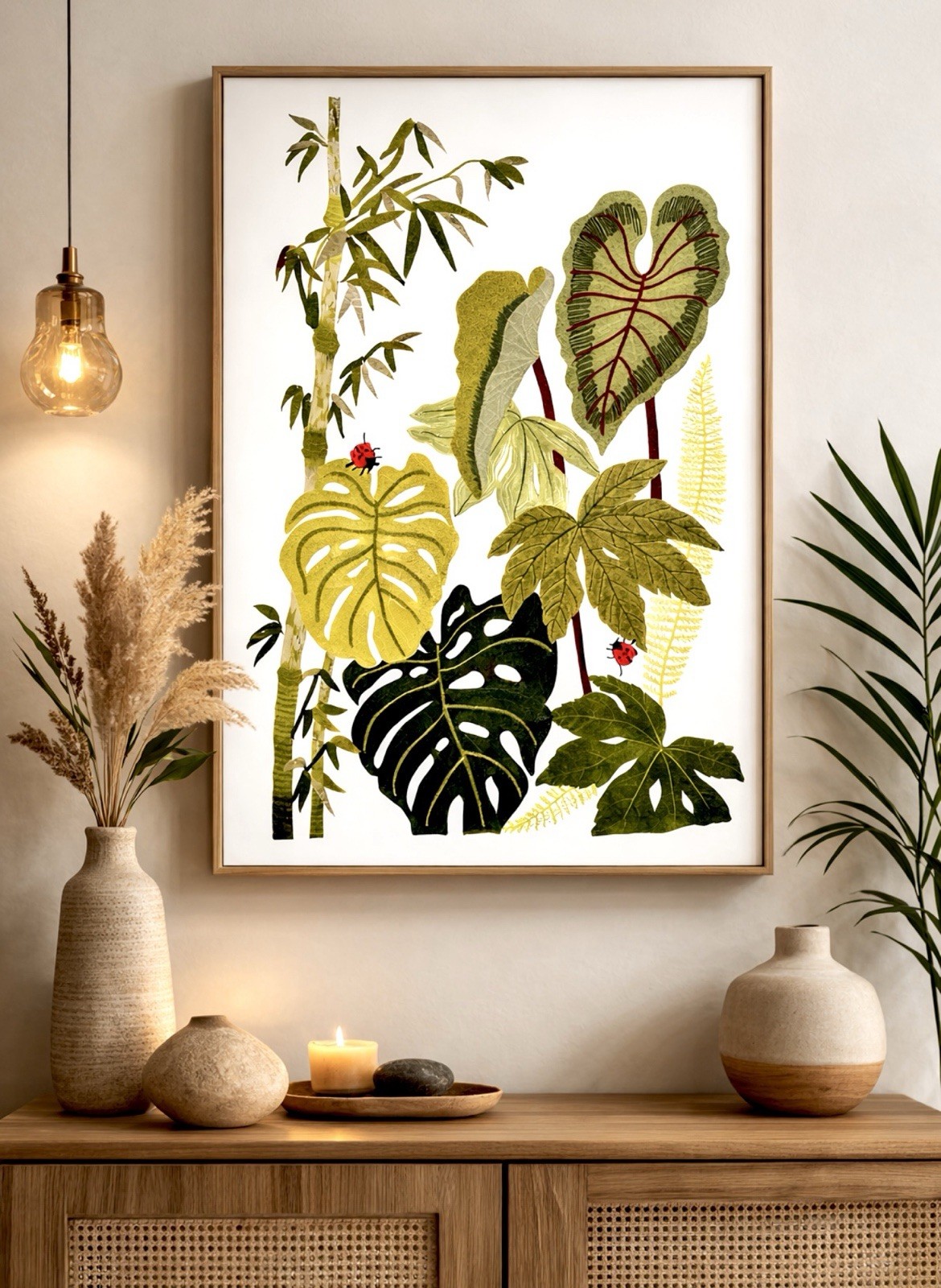 BP Large Botanical Embroidered Textile Wall Art Bamboo Monstera Tropical 37”x25”