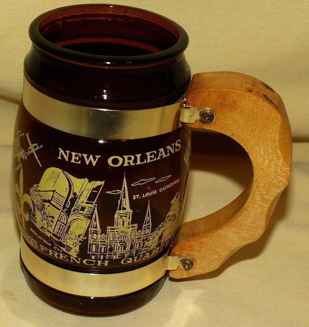 New Orleans Mug Stein Beer Wooden Handle Brown Amber Souvenir Mardi Gras Barware