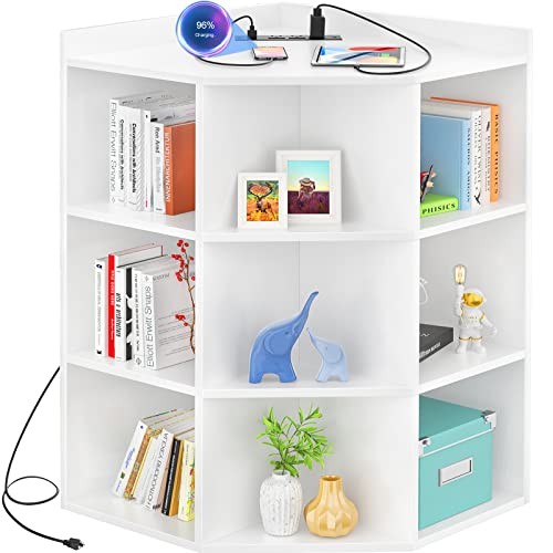 Corner Cabinet Corner Storage with USB Ports and Outlets, Corners 4-Tier White