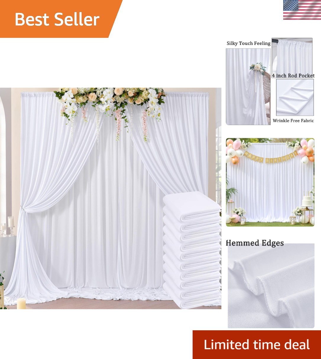 50ft x 10ft White Wrinkle-Free Polyester Backdrop Curtains for Parties & Wedd...