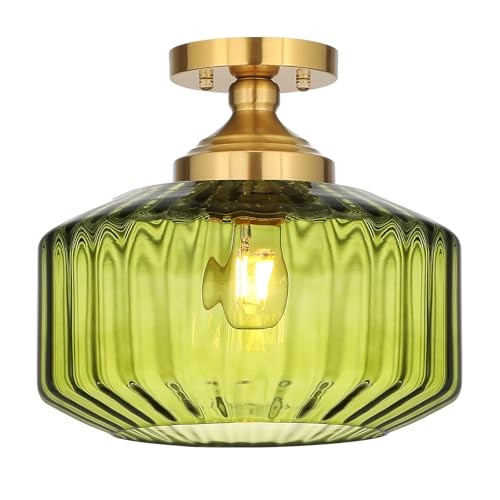 Semi Flush Mount Ceiling Light Fixture, Vintage Striated Glass 11.8in Green