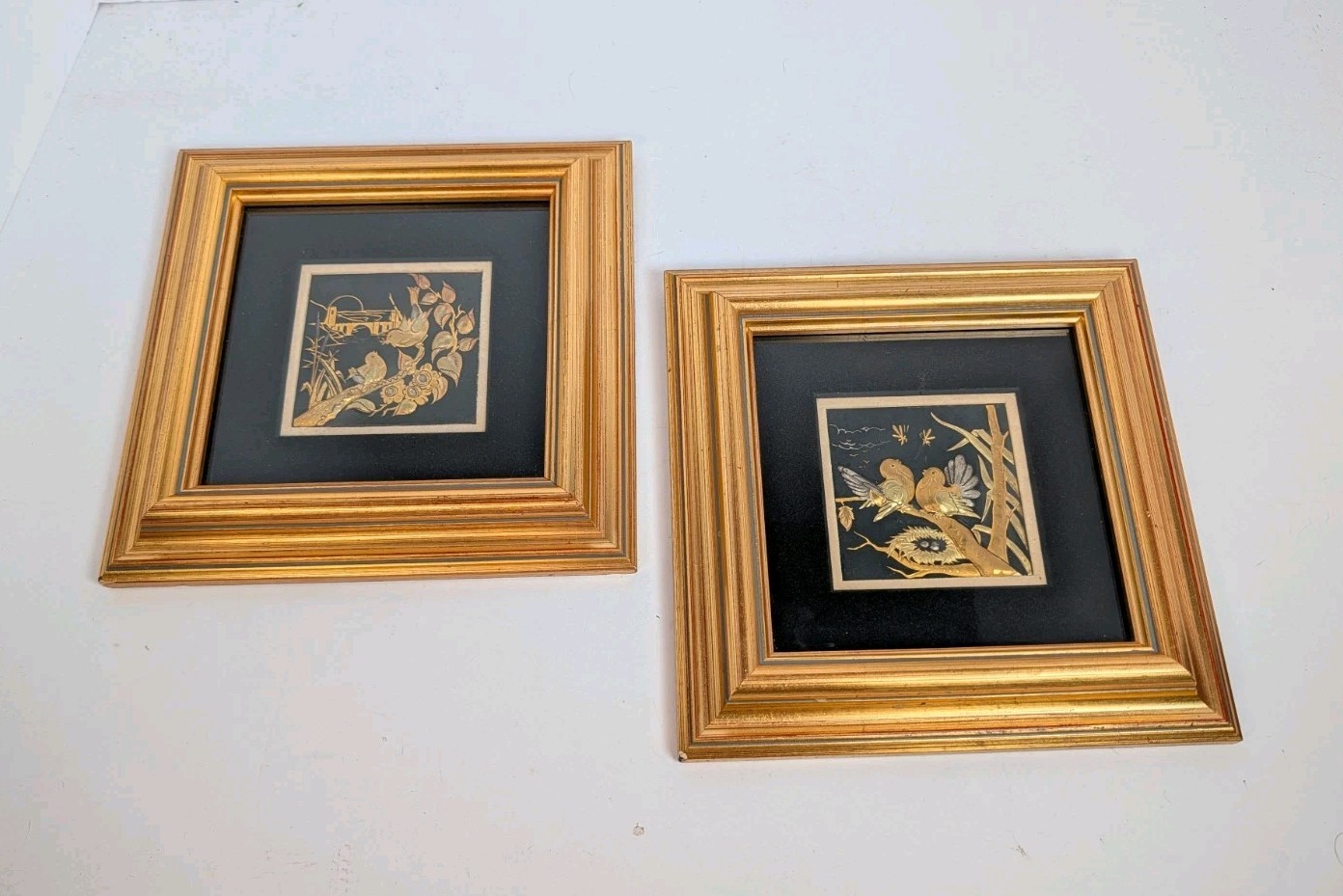 Pair Of Vintage Damascene 24 Karat Birds On Branch Framed Wall Art 8x8" Spain