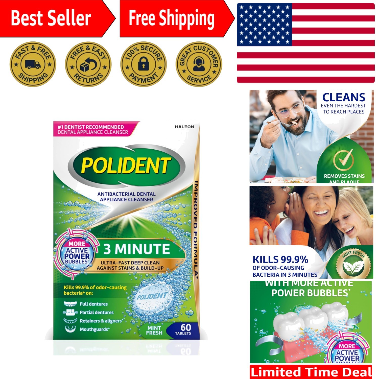 Gentle yet Effective 60 Count Dental Appliance Cleanser Tablets - 3-Minute Clean