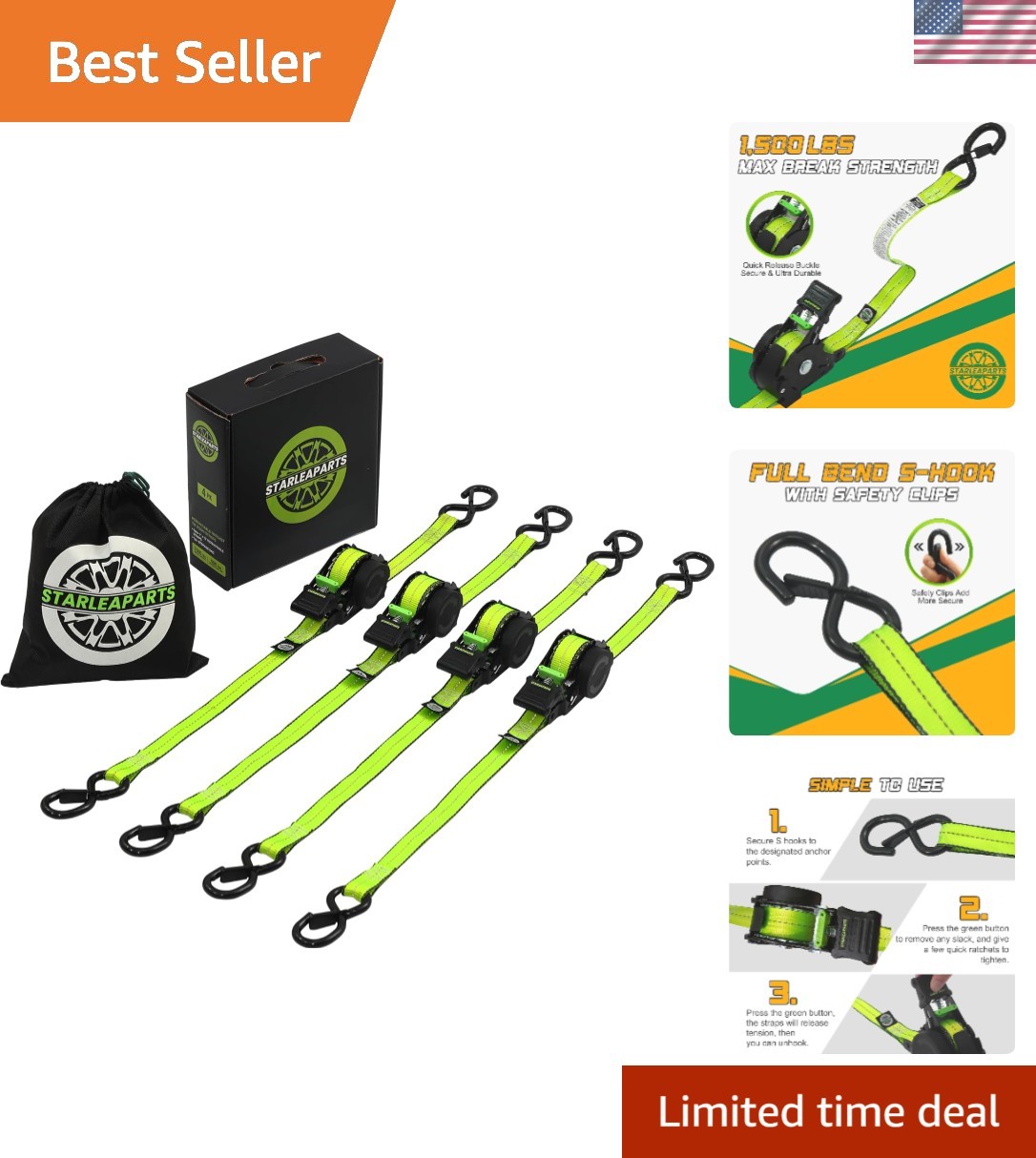 Retractable Ratchet Straps4PK 1.0INX12FT - 1,500lb Break Strength, Ratchet St...