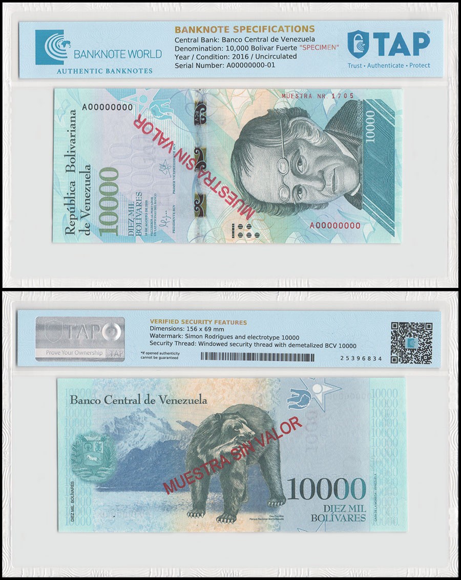 Venezuela 10000 Bolivar Fuerte, 2016, P-98as, UNC, SPECIMEN, Authenticated