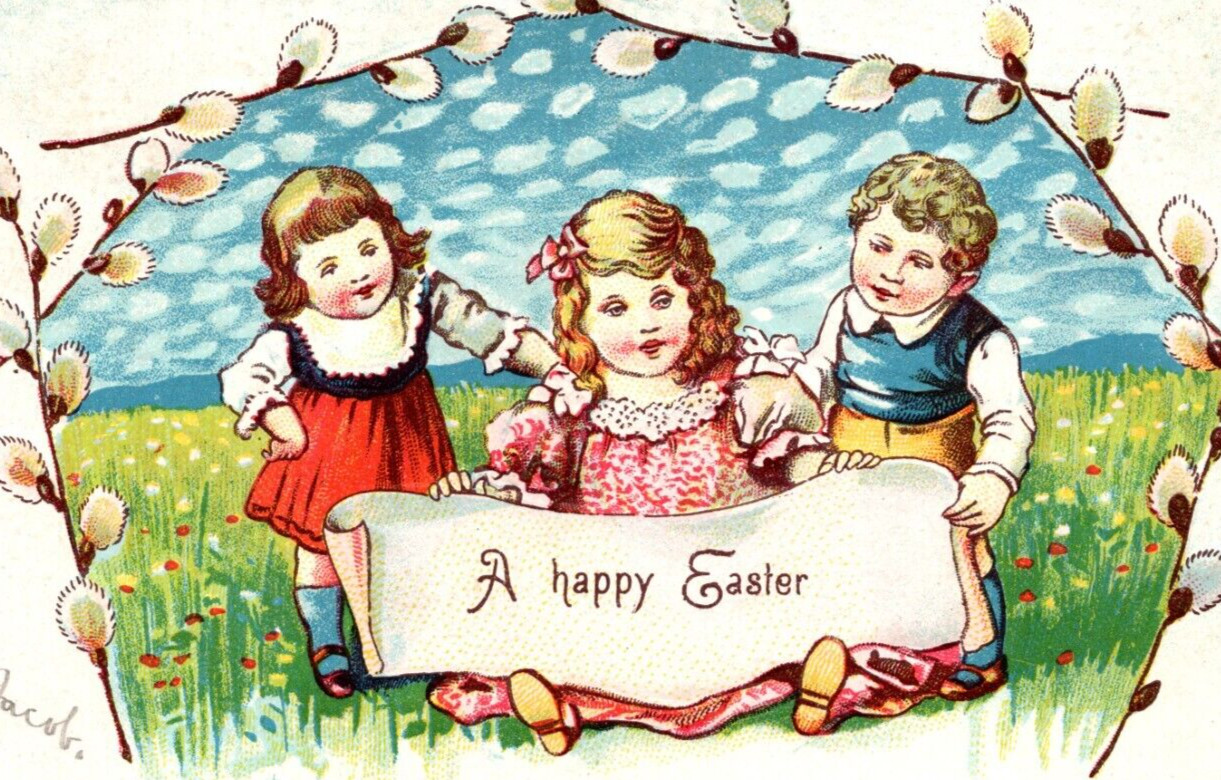 c1909 Children Hold A Happy Easter Banner Embossed Germany ANTIQUE Postcard