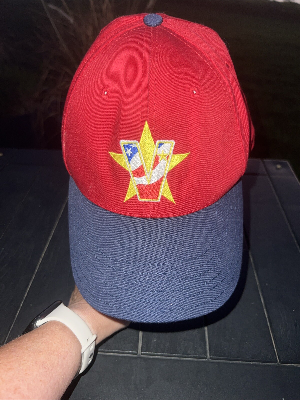 American Flag V over Yellow Star on Red Fabric on Navy Hat Cap Hook Loop EUC