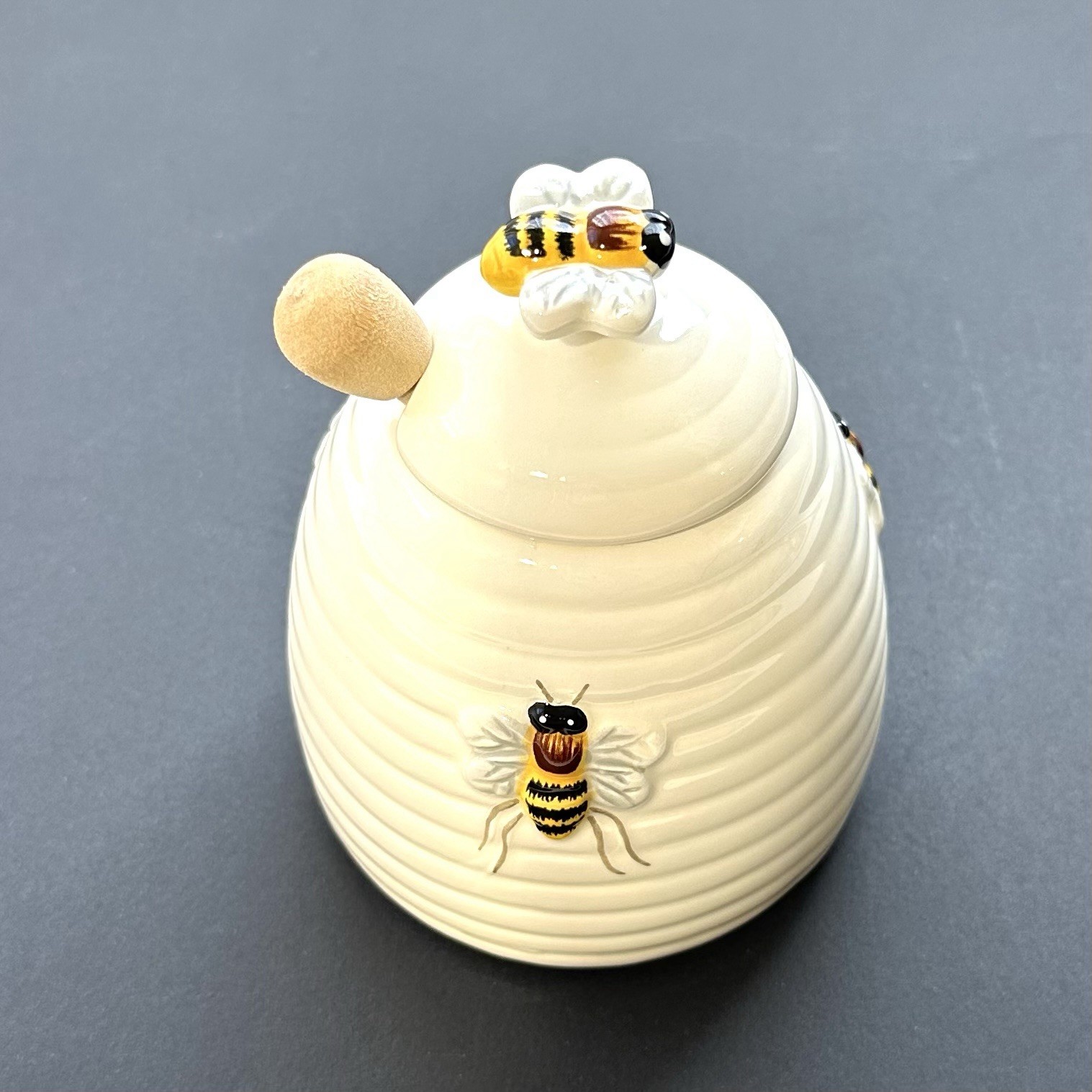 Mary Lake-Thompson Ceramic Beehive Honey Pot with Lid Wood Dipper White Bee