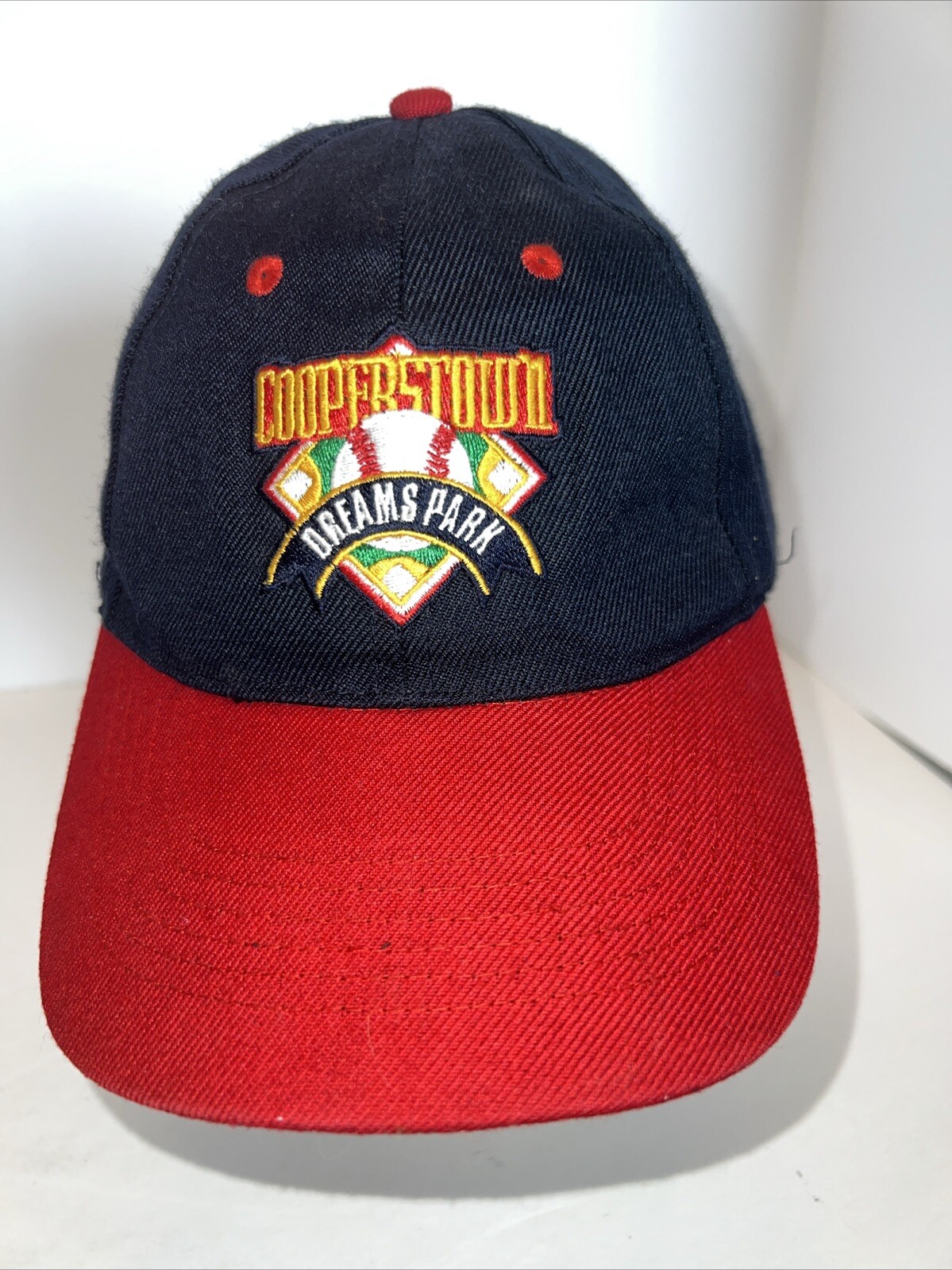 Cooperstown Dreams Park Red Bill Navy Hat Cap w Embroidered Patch Hook Loop