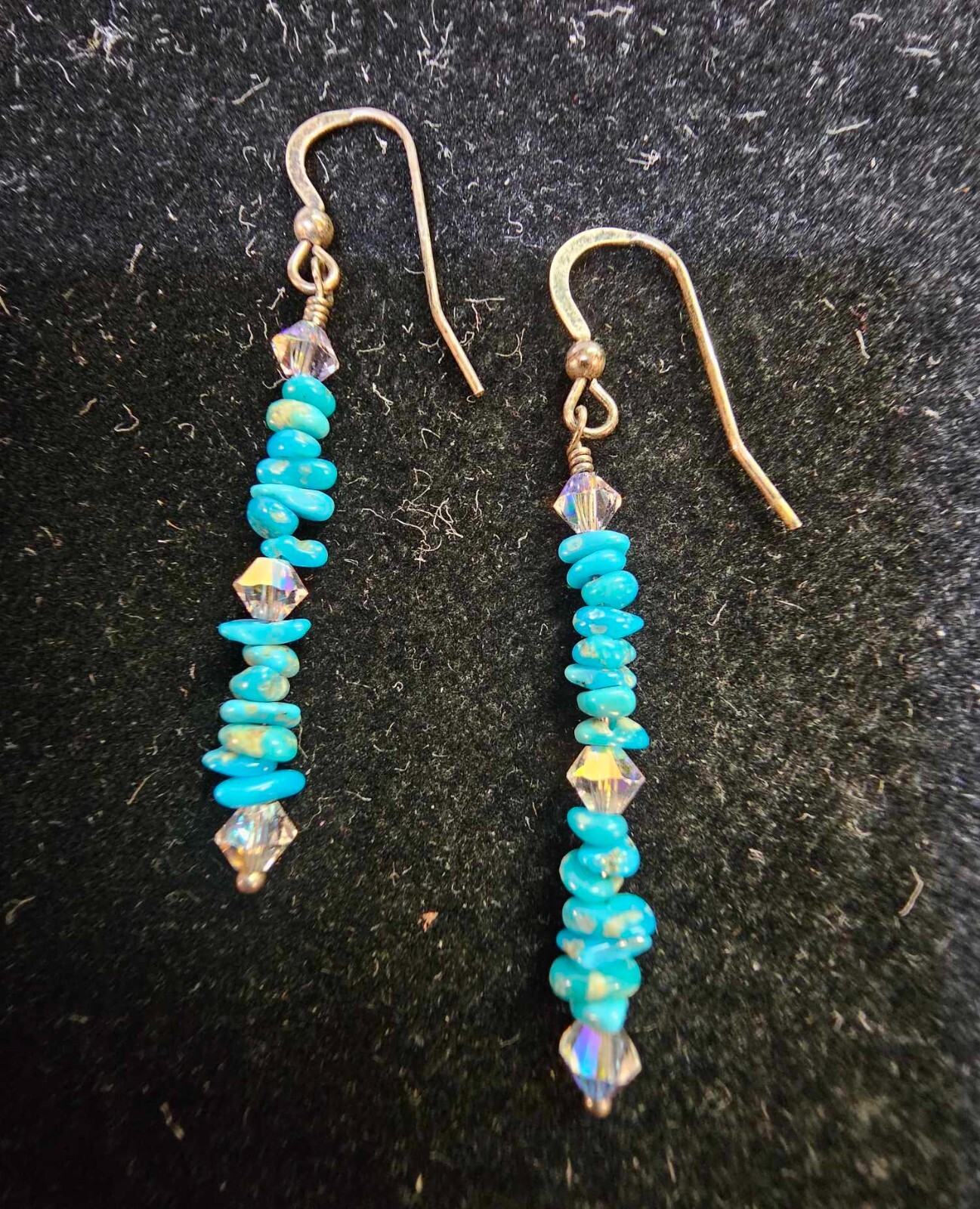 Sterling Silver Hook Earrings w/ Long Nugget turquoise & Clear Stones -Tested-S9