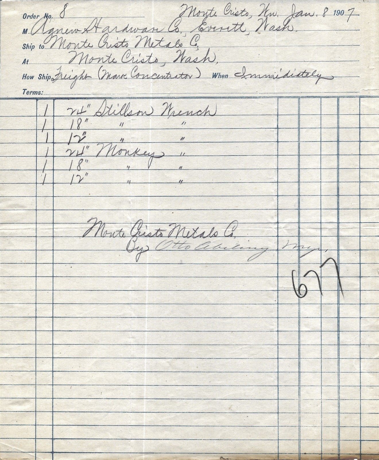 1907 Billhead Invoice Monte Cristo Washington Metals Co. Mining Agnew Hardware