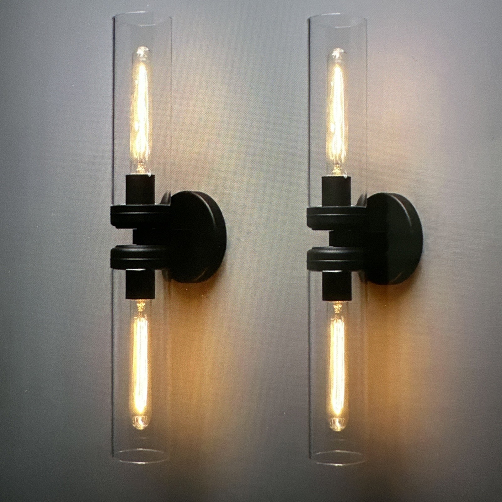 Pathson Set of Two 22” Double Tube Glass Wall Sconces, Hardwired, Black