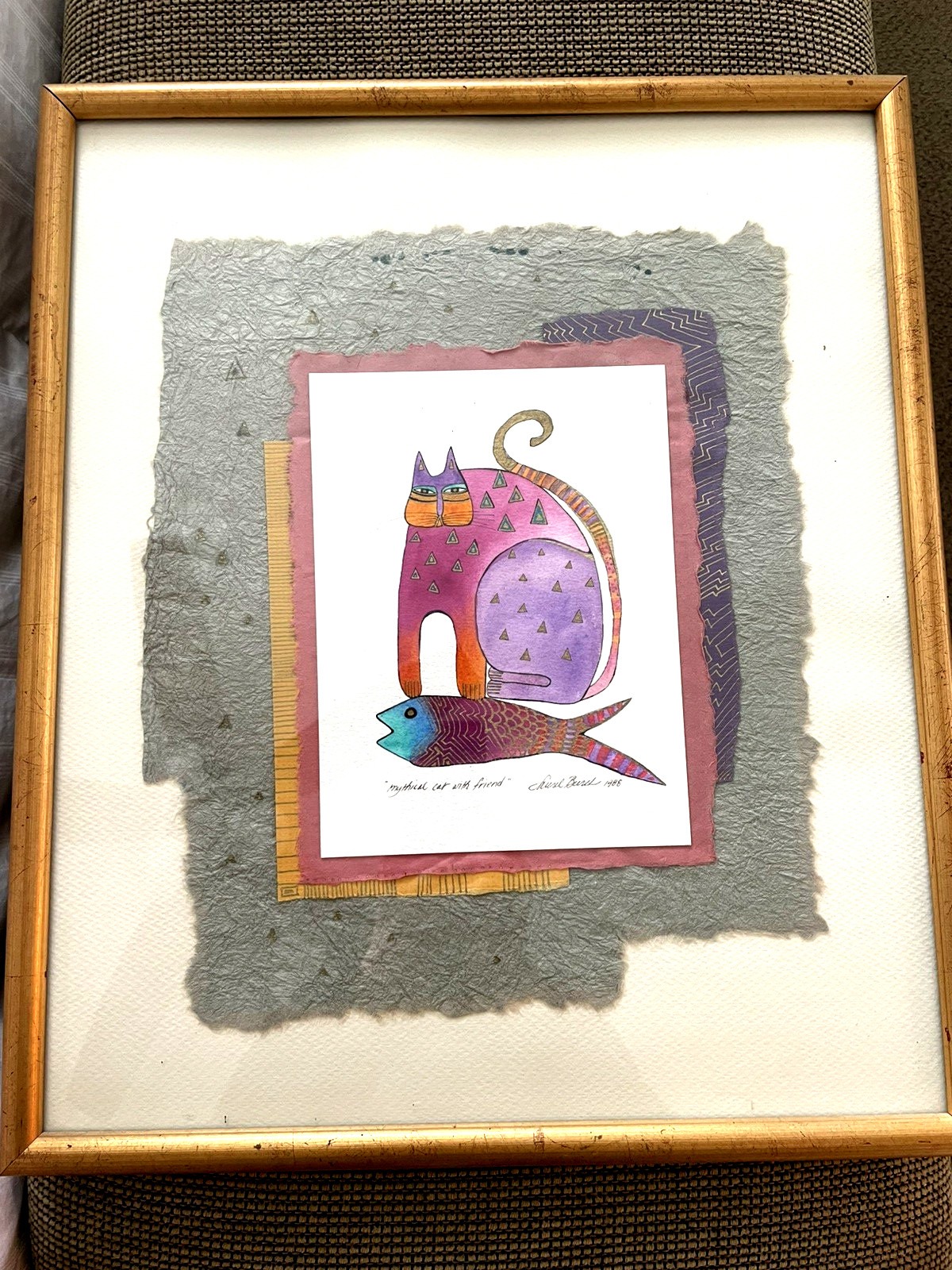 Laurel Burch "mythical cat with friend" original 1988 (Autographed)