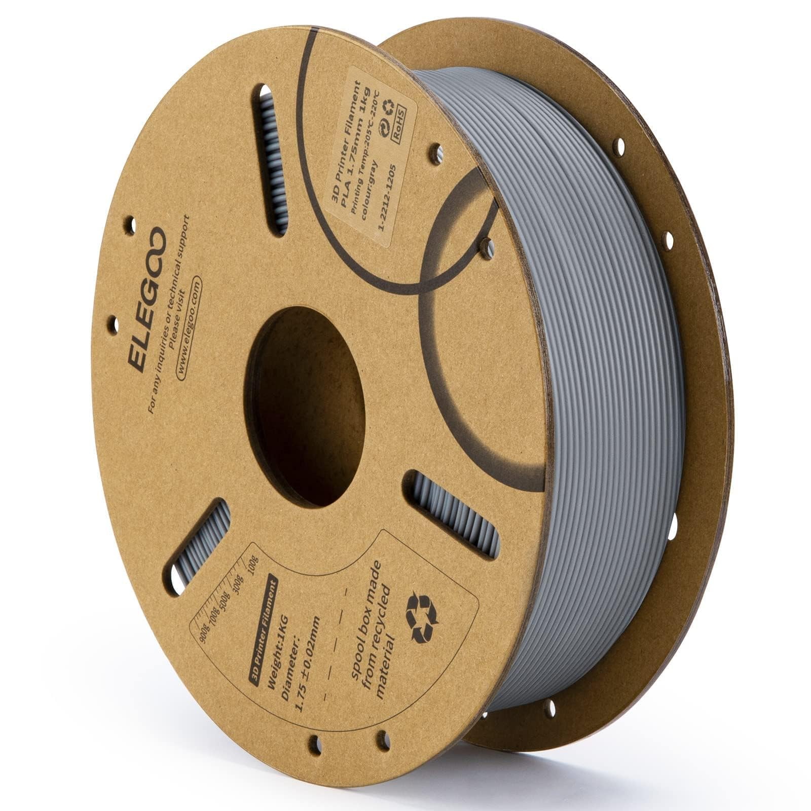 1.75mm PLA Filament 1KG Grey Dimensional Accuracy + - 0.02mm Cardboard Spool