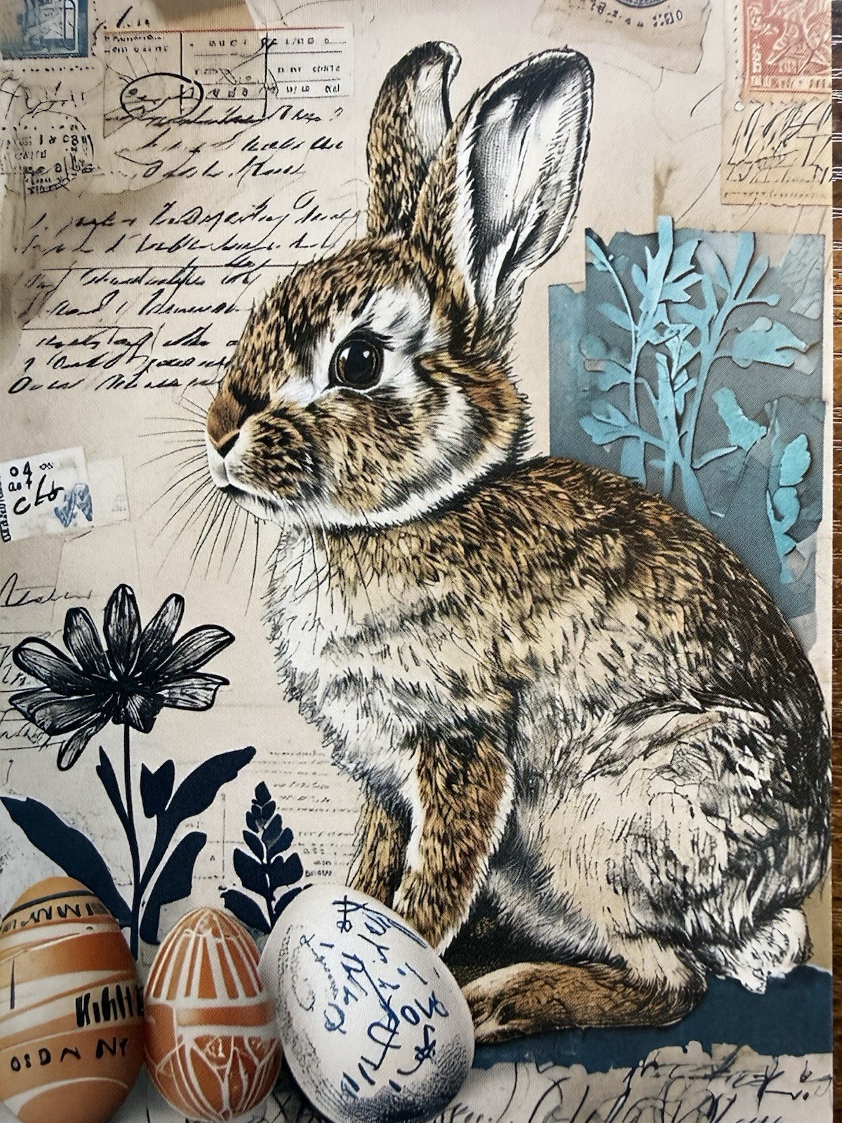 Easter Bunny Flowers Decorated Eggs Vintage Look Postcard Pc483 Ephemera