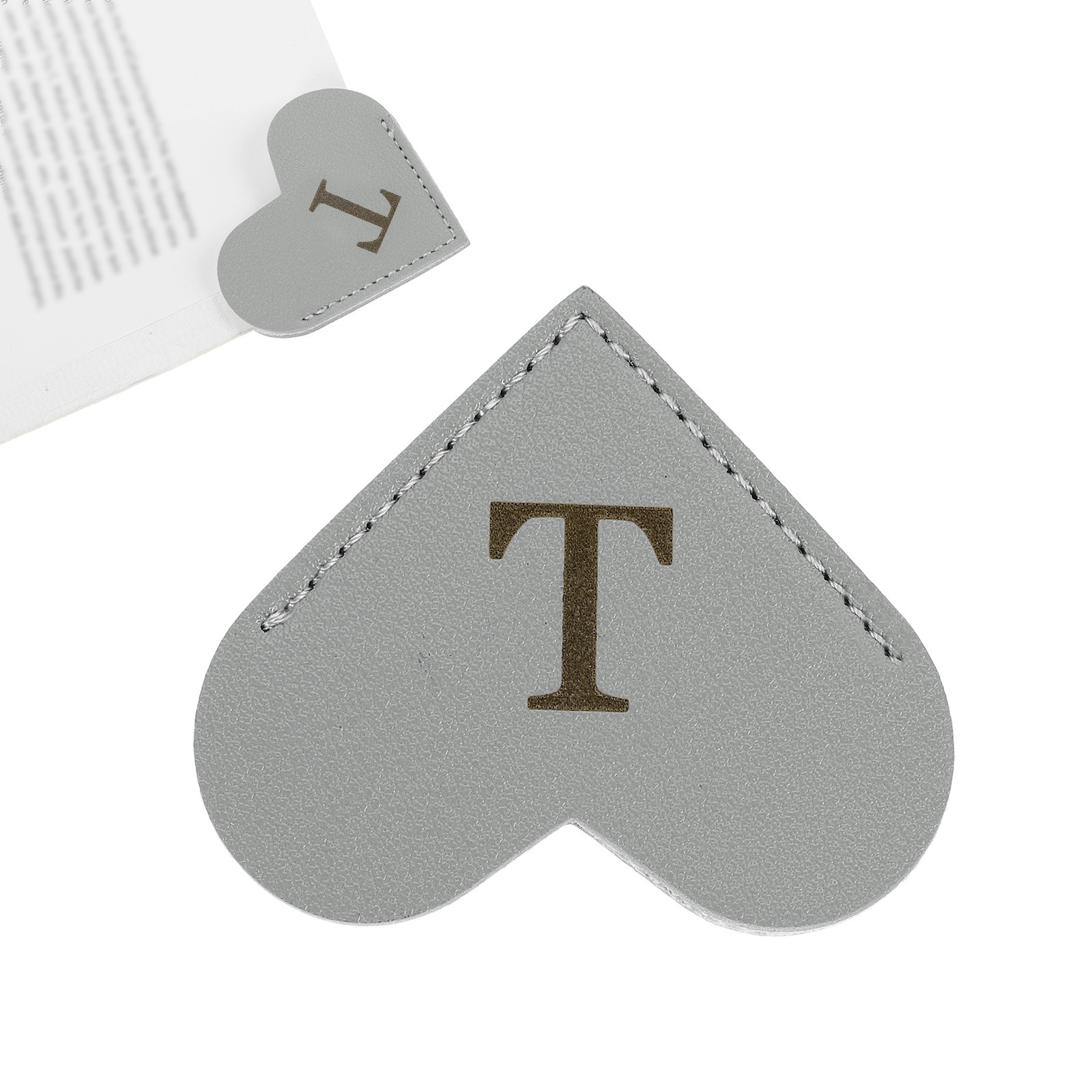 Initial T Corner Bookmarks,  Heart Shape Leather Book Marks Markers, Gray