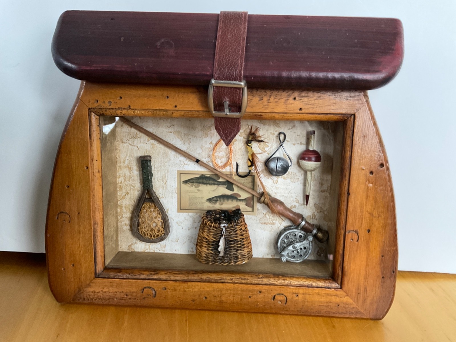 Vintage Wood Frame-Glass front Display Shadow Box Miniature fishing supplies