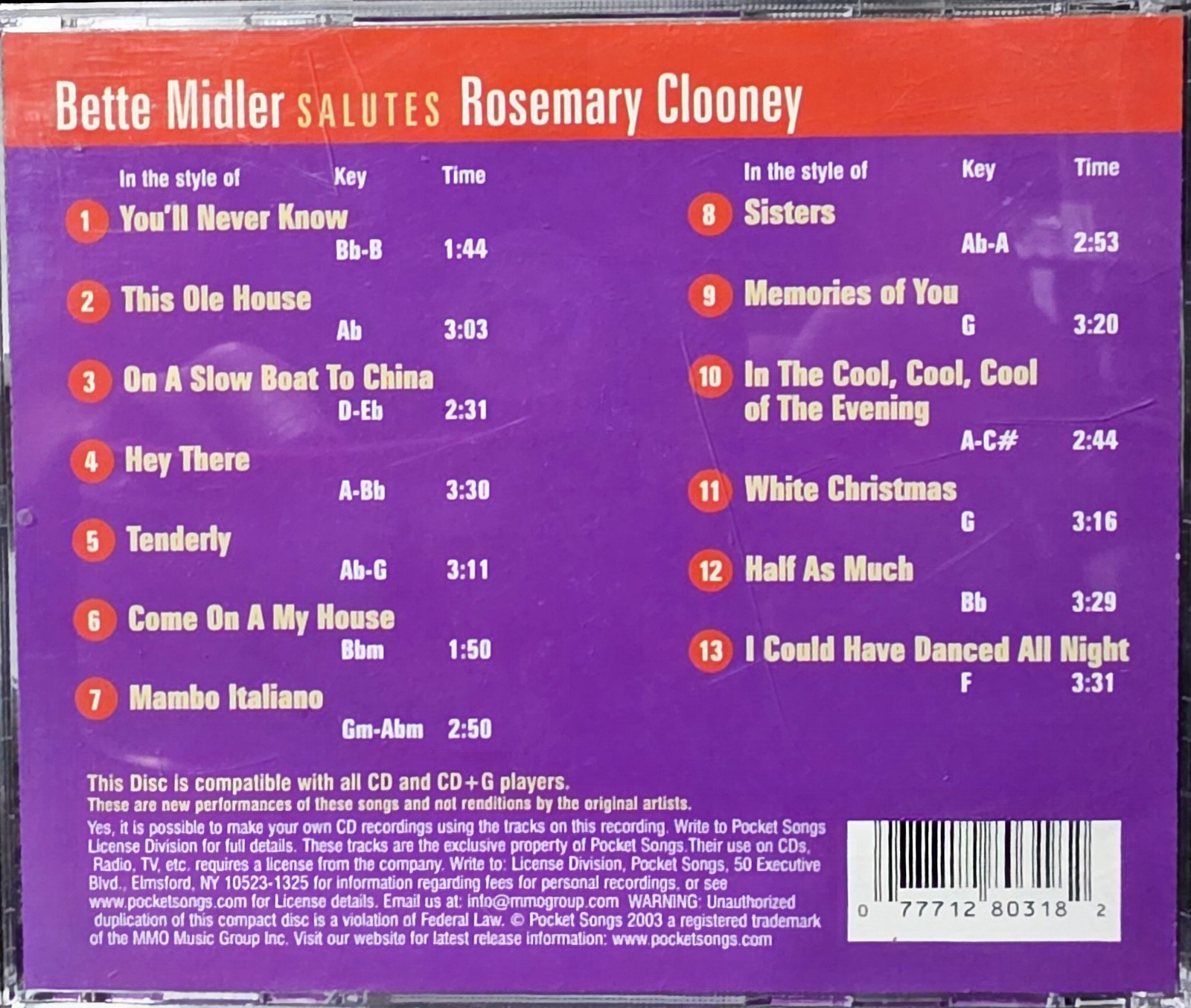 BETTE MIDLER ROSEMARY CLOONEY  POCKET SONGS JUST TRACKS  CDGS LOT  LONG DRIVE