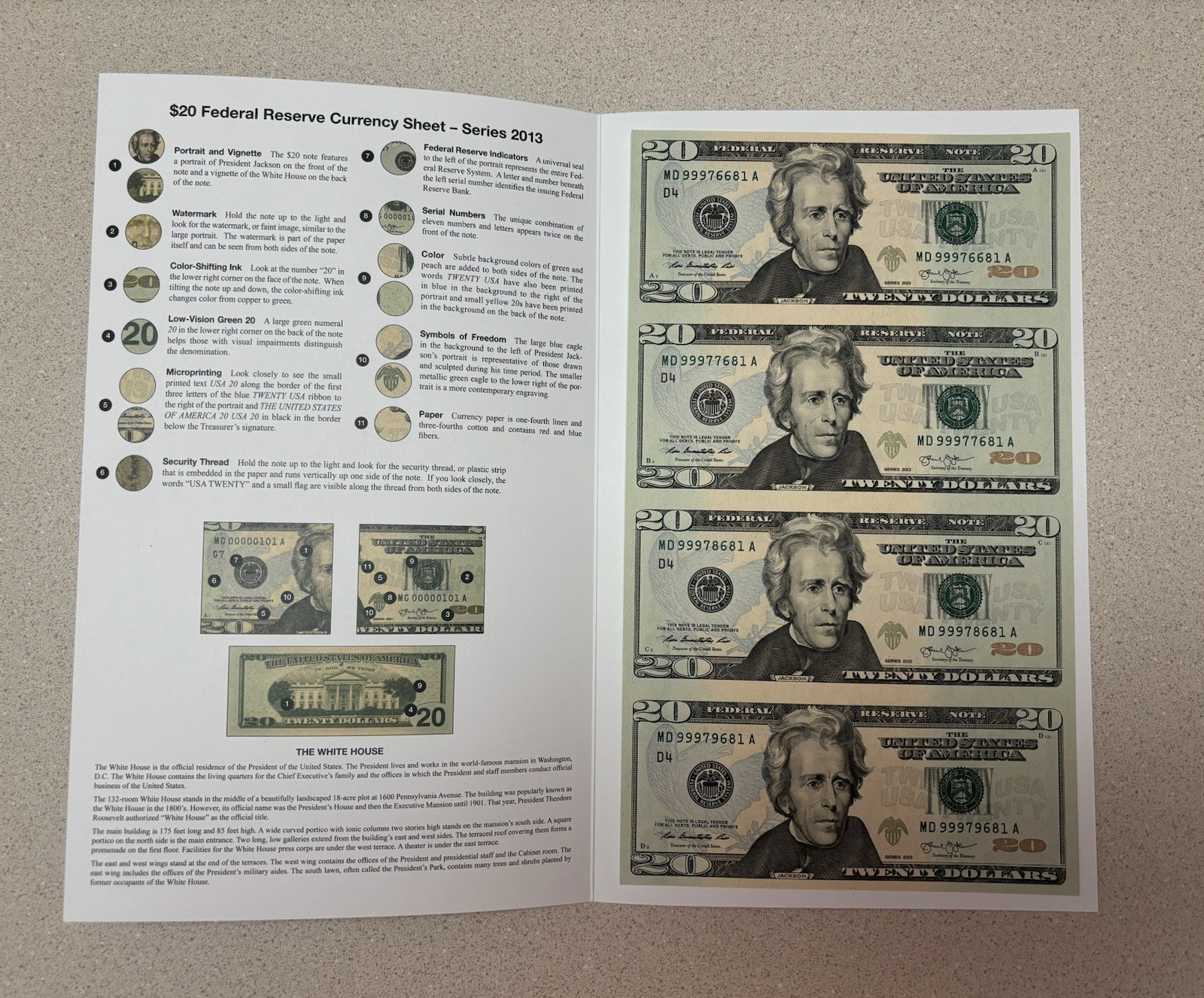 RARE 2013 $20 Federal Reserve Note Uncut Sheet of 4 BEP Folder MINT UNCIRC