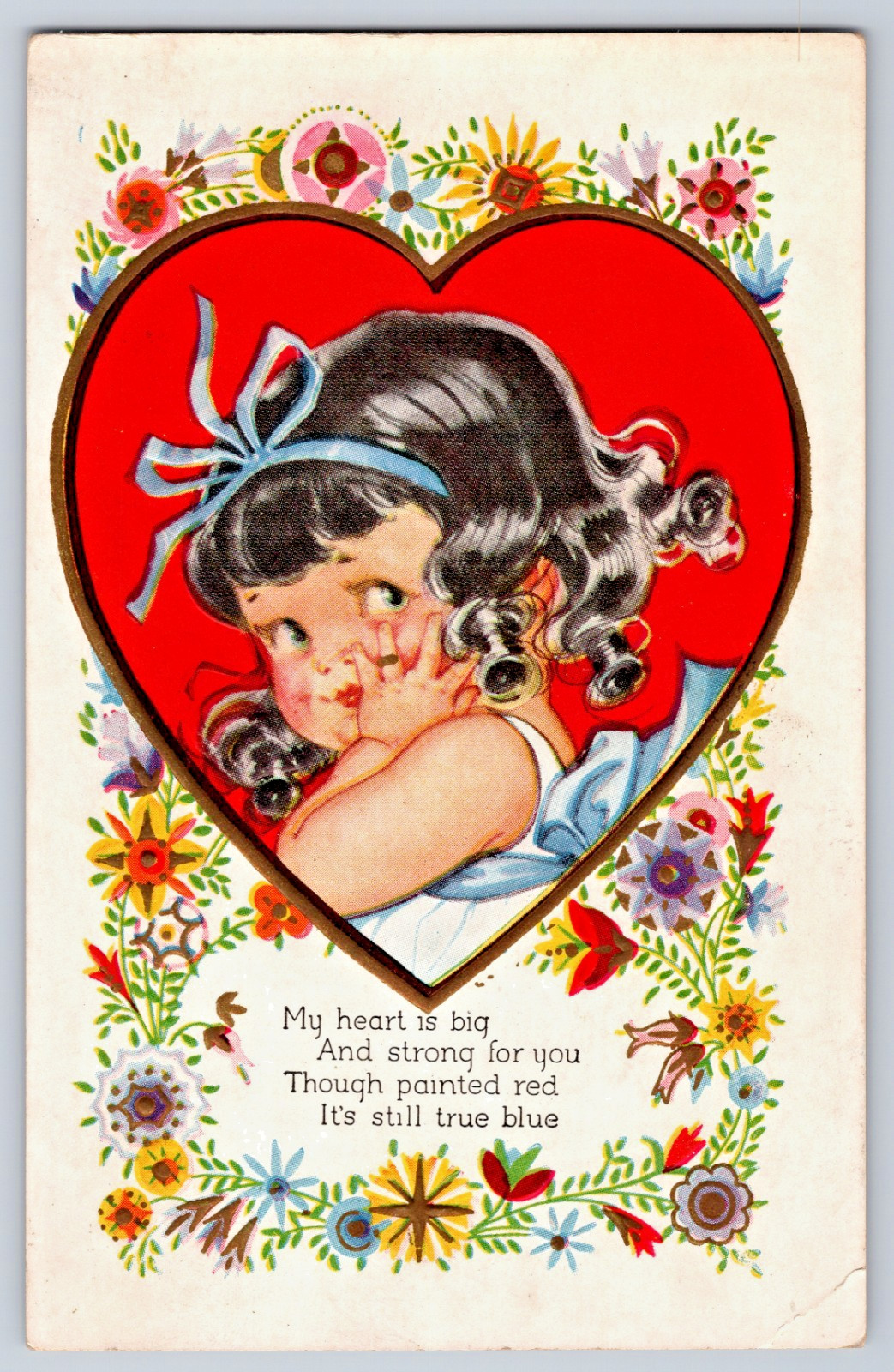 Dark Haired Little Girl With Curls In Heart Valentine Themed 1910s Postcard