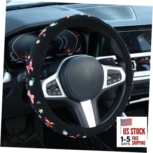 Embroidered Daisy Cute Black Steering Wheel Cover, Auto Anti-Slip Butterfly