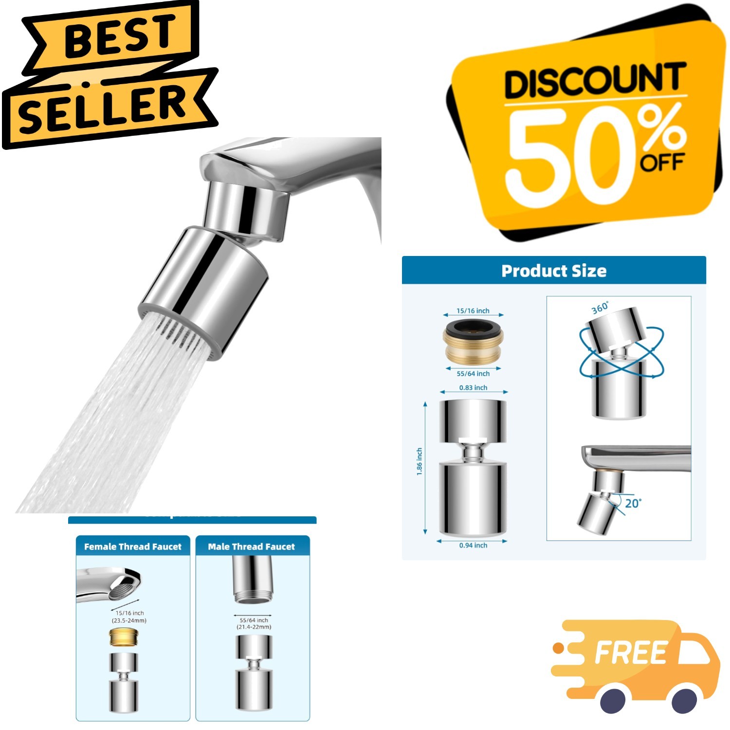 Dual-Function Chrome Sink Aerator with 360° Swivel & NSF Certification