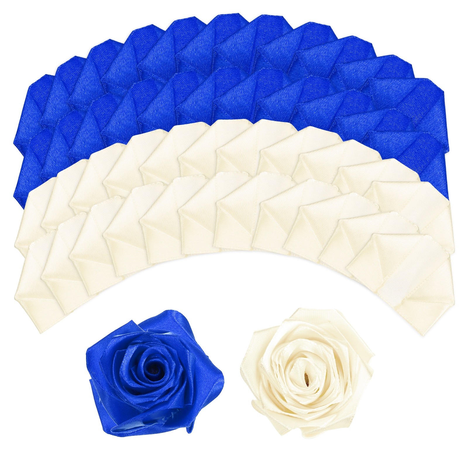 100pcs Eternal Roses Petals, Premade Satin Ribbon Flowers, Dark Blue/Beige
