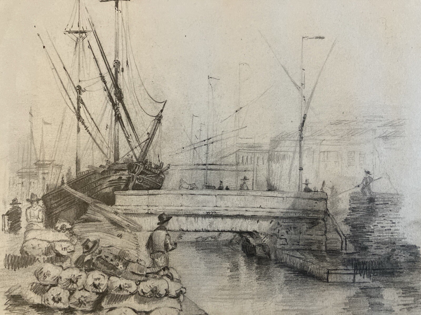 Drawing Return XIX 1850 Pencil Boat Drawing Dutch School Antique Art