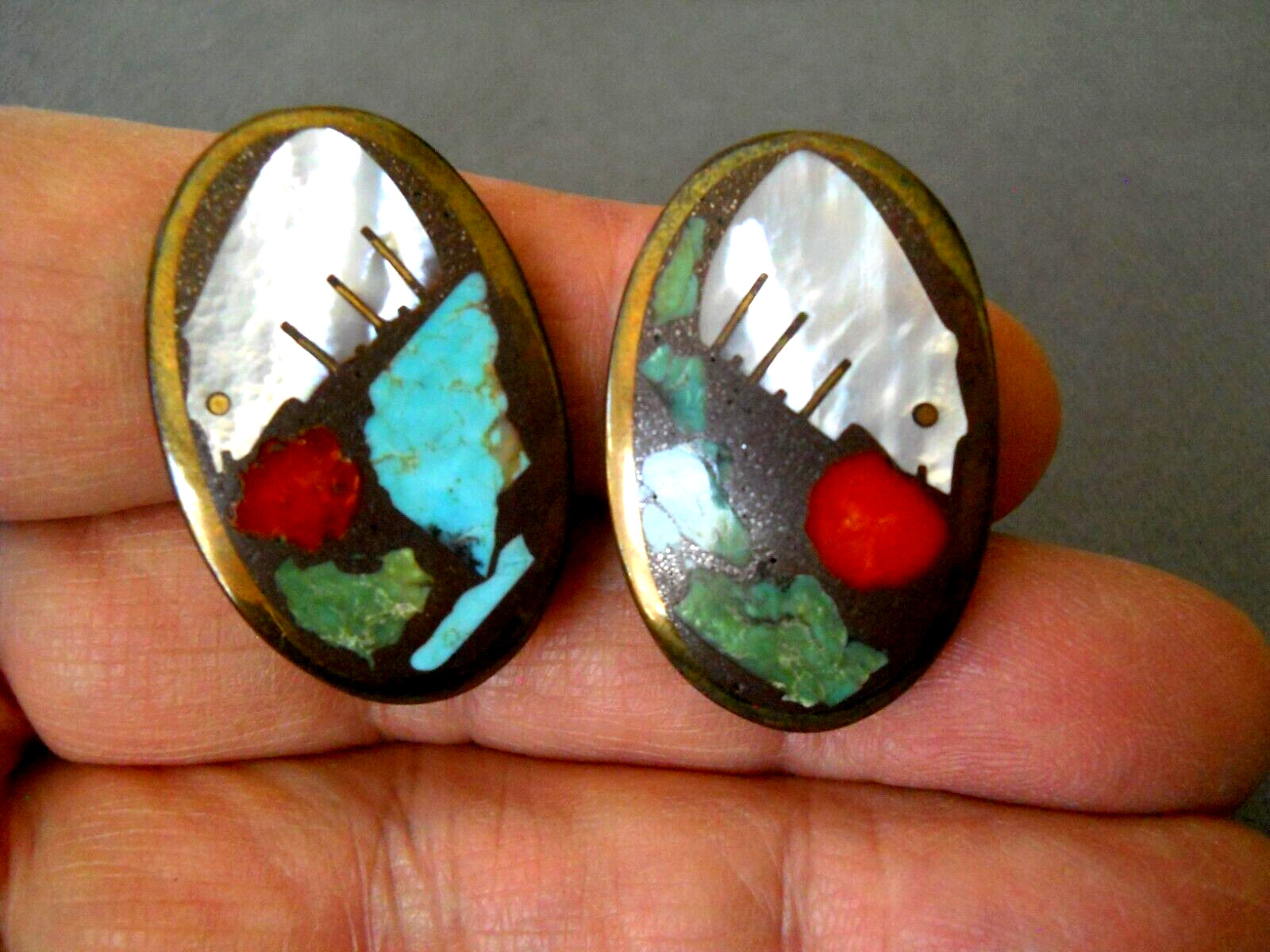 Multi-Color TURZA SHOWS Southwestern Multi-Stone Bear Inlay Bronze Clip Earrings