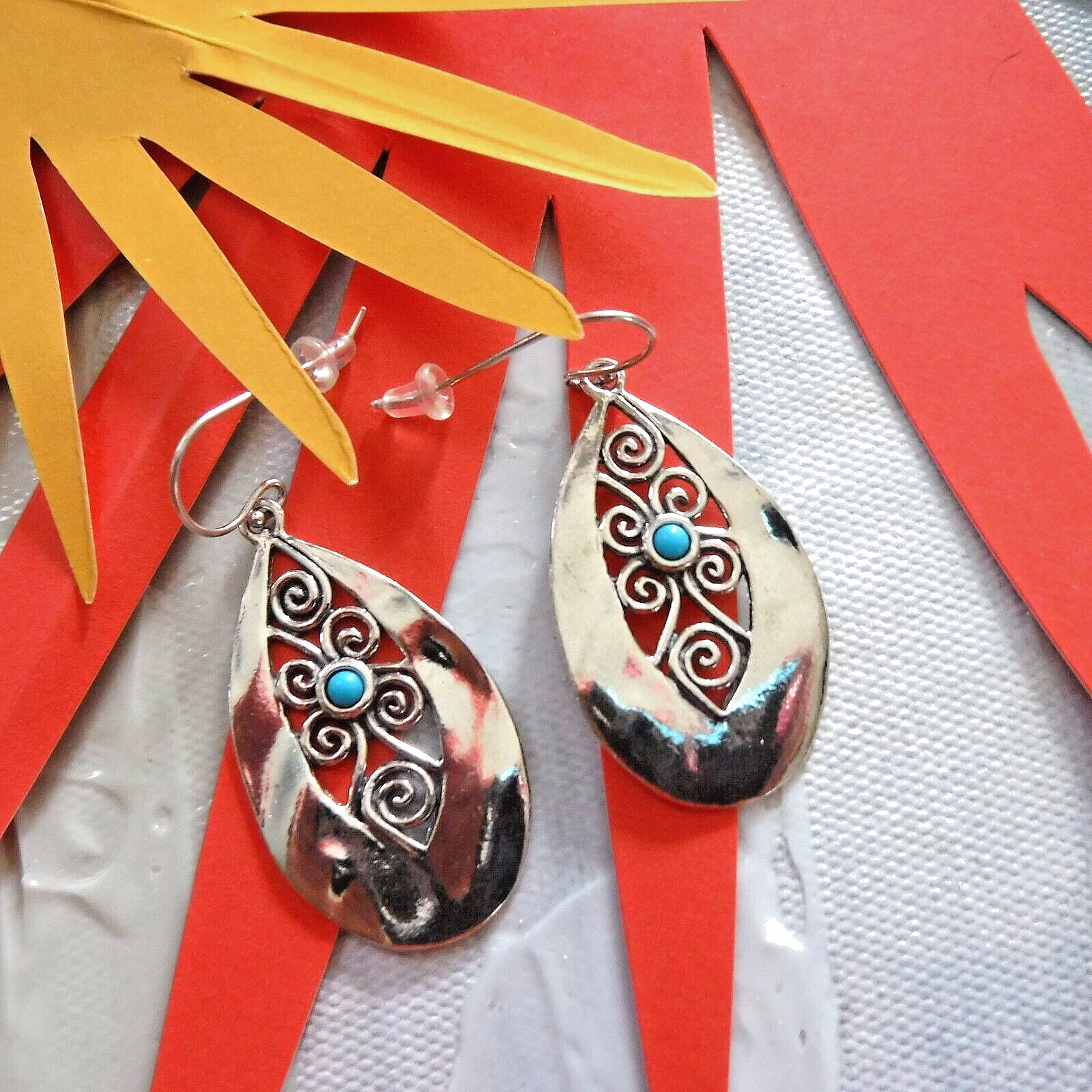 PAZ Longated Teardrop Sterling Silver/Turquoise Drop Earrings New