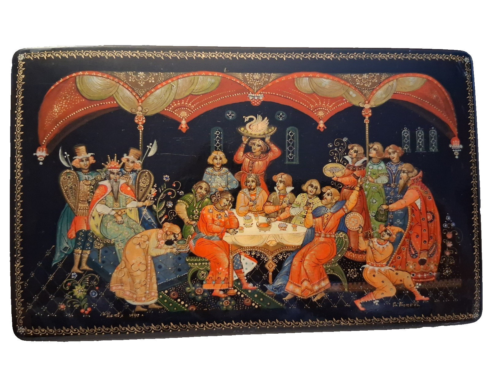1997 Russian Lacquer Box Palekh "Feast of Tsar Saltan" art.Volkov museum quality