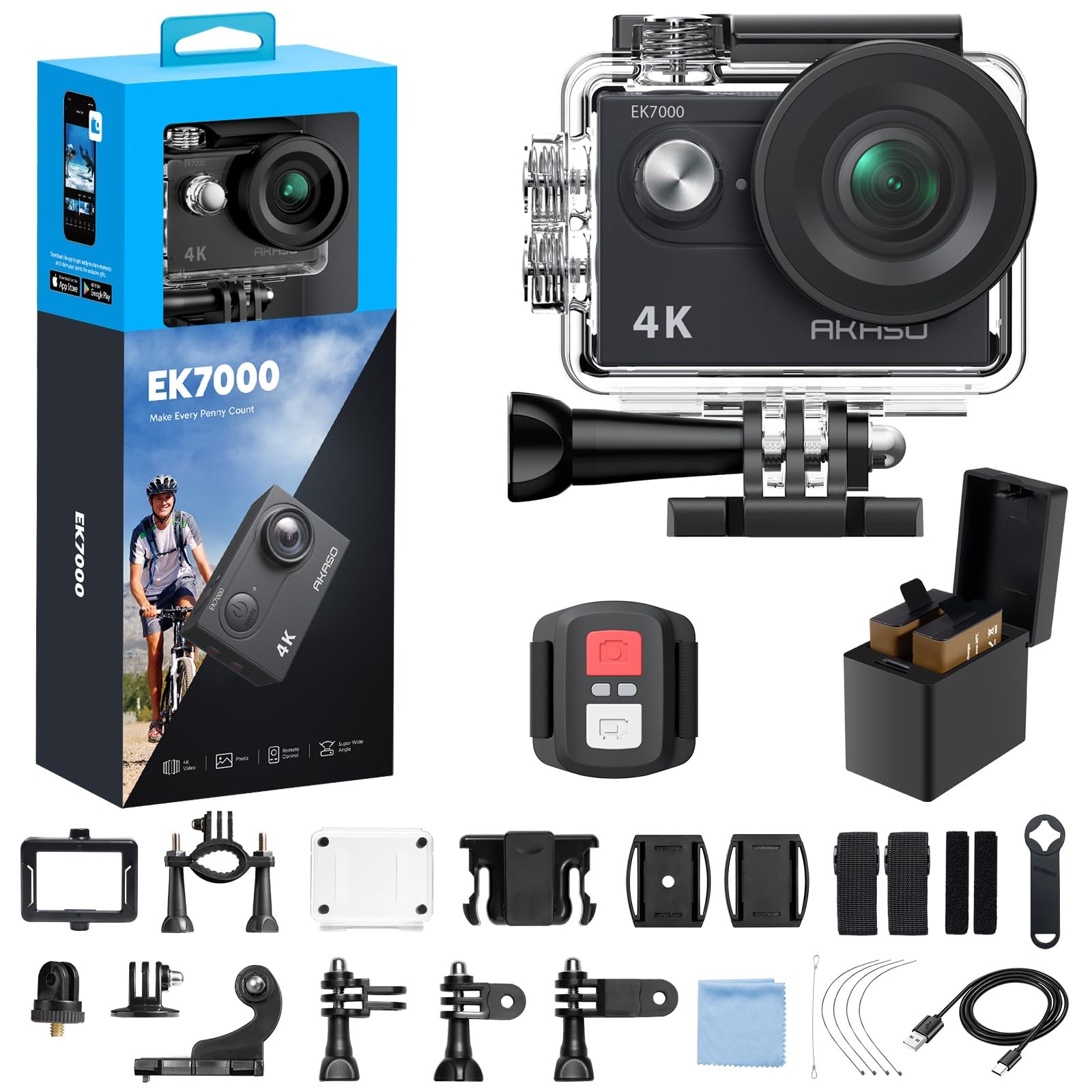 AKASO EK7000 4K30fps Action Camera EIS 20MP 131ft Waterproof Underwater Cam