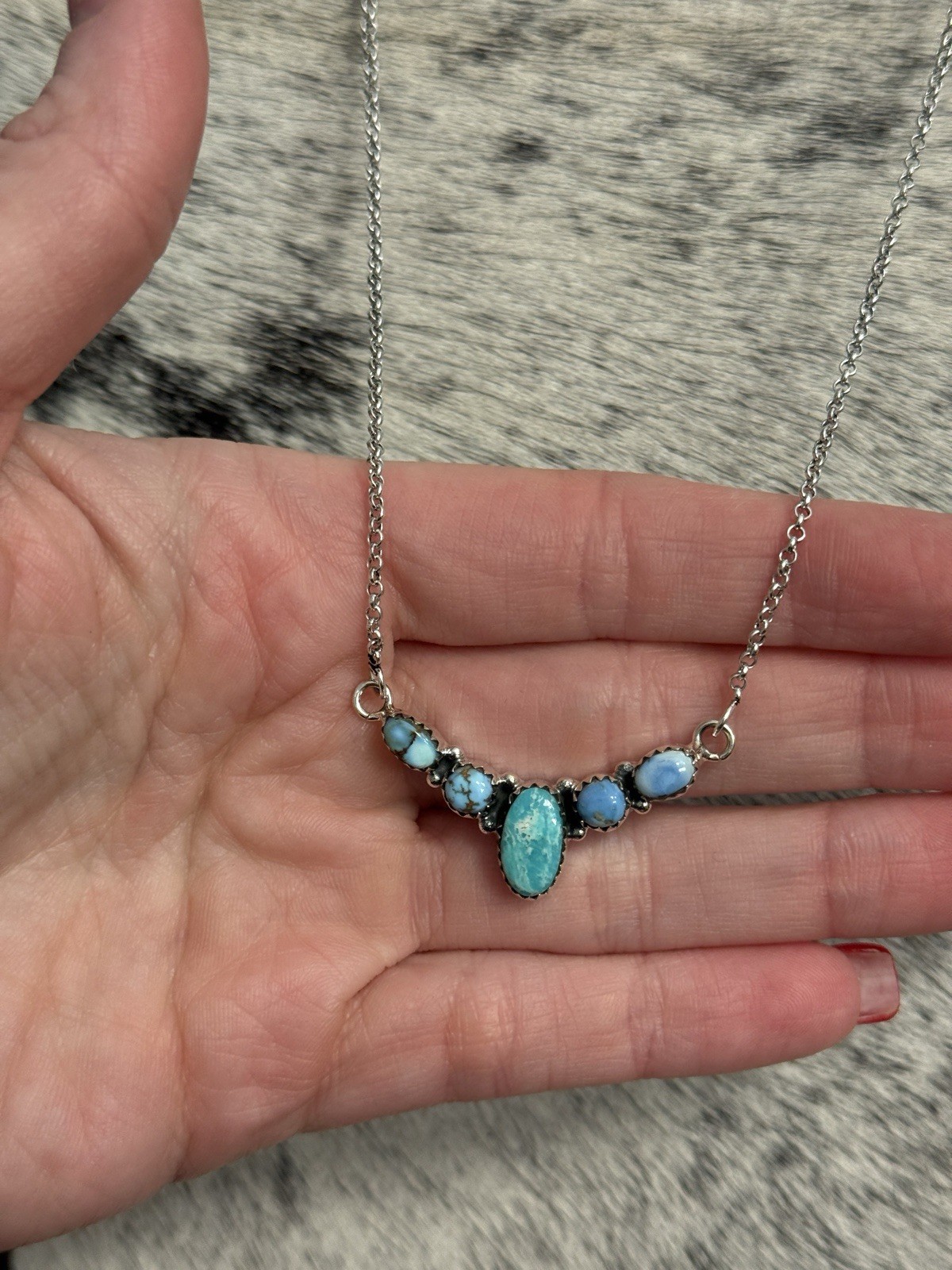 Sterling Silver Golden Hills & White Water 5 Stone Turquoise V Bar Necklace