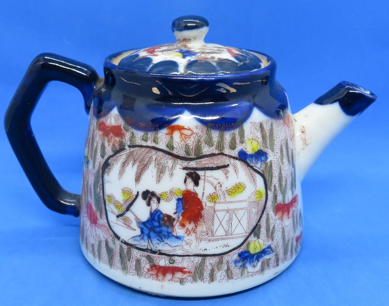 Japanese Kutani vintage Art Deco oriental antique blue glaze teapot A