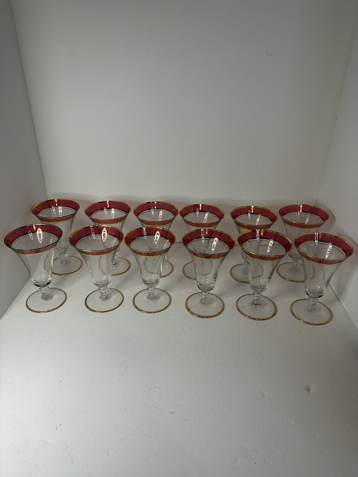 Gold Rimmed Cranberry Glass Vintage Stemmed Glasses Set 12 MCM barware Red