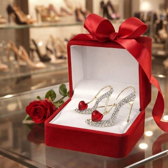 Brooch Gold Rhinestone Shoe with Red Heart Pin