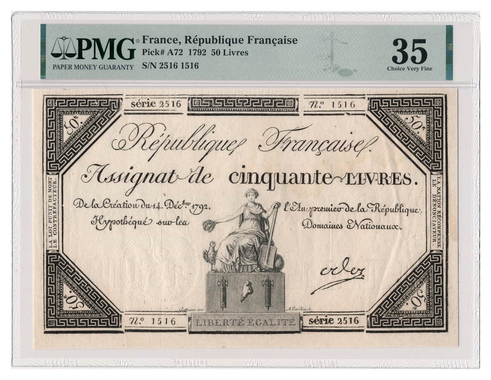 FRANCE banknote 50 Livres 1792 PMG VF 35 Choice Very Fine